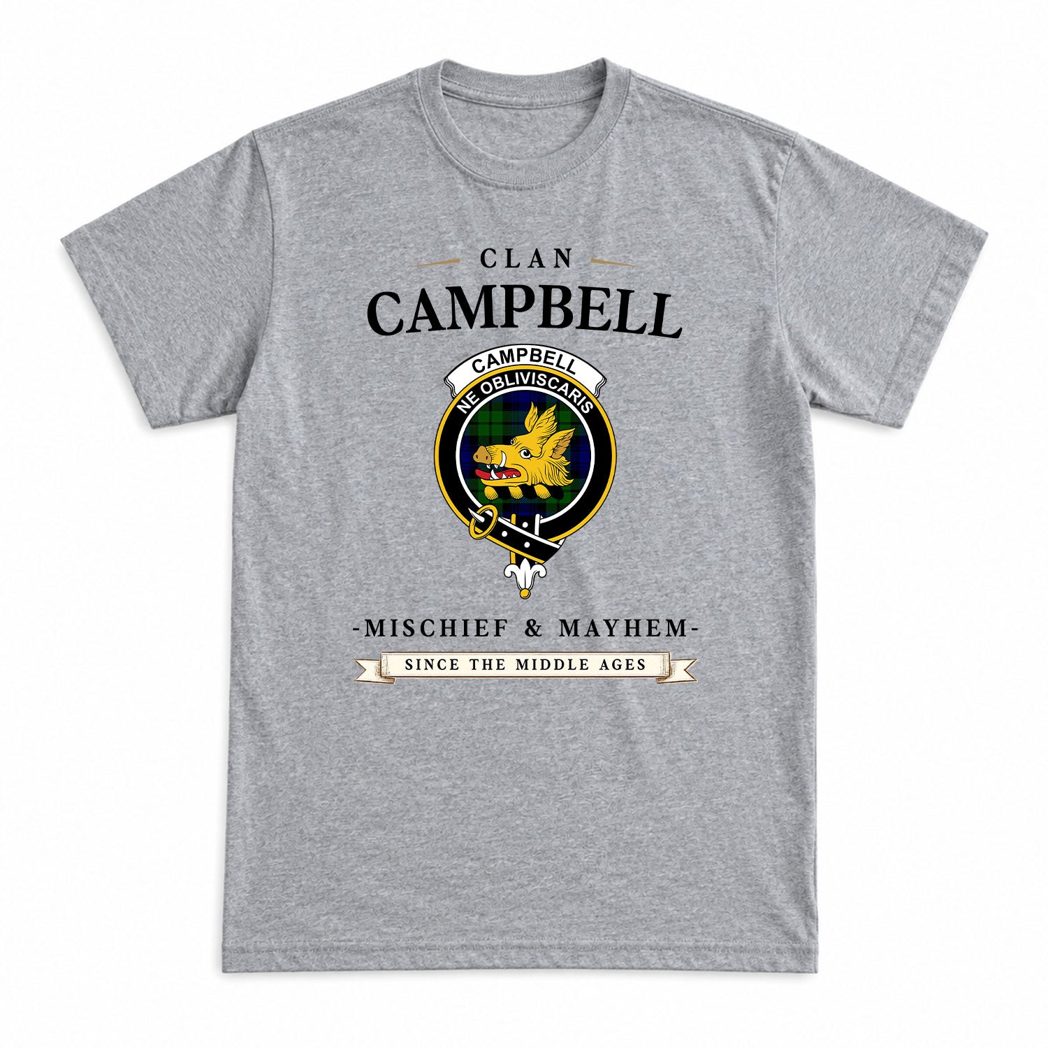 Campbell Modern Tartan Crest Mischief and Mayhem T-shirt