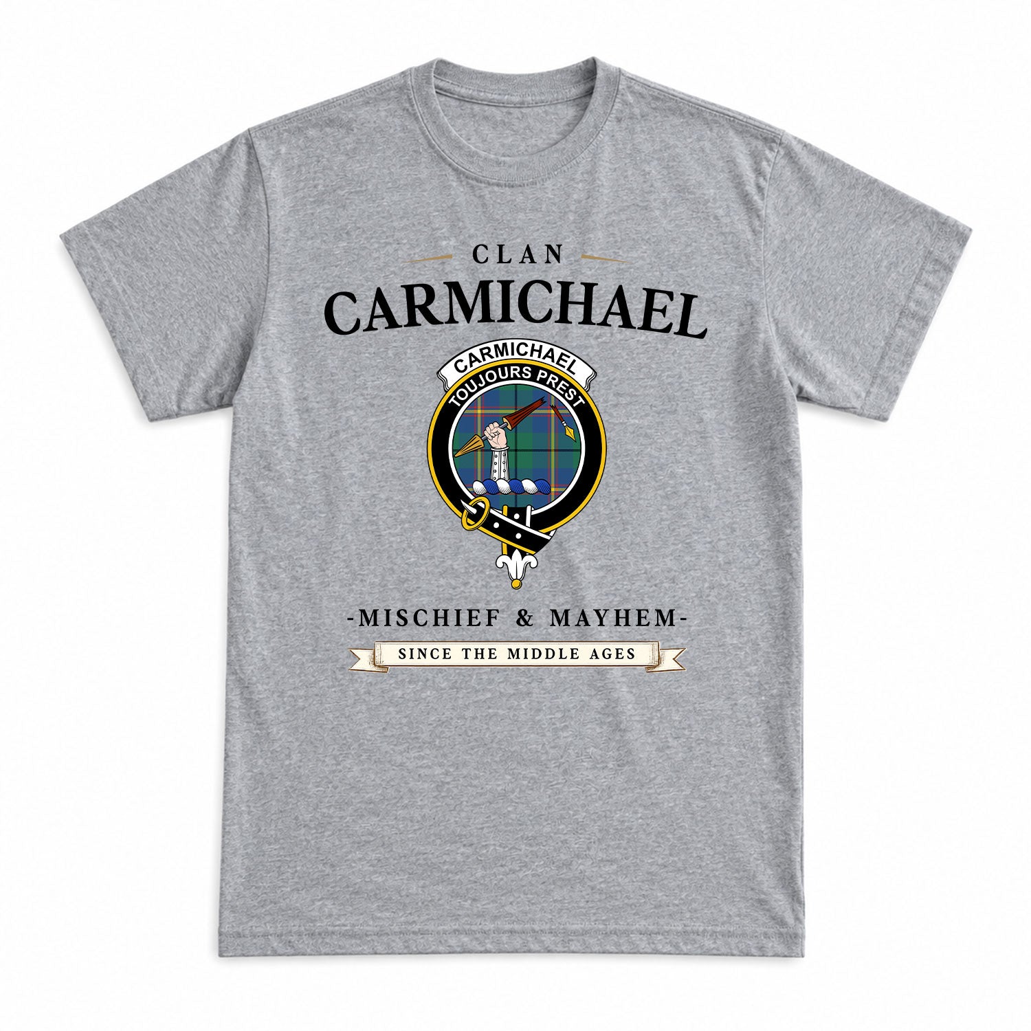 Carmichael Ancient Tartan Crest Mischief and Mayhem T-shirt