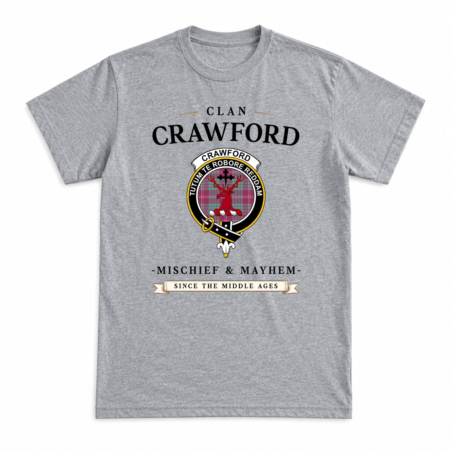 Crawford Ancient Tartan Crest Mischief and Mayhem T-shirt