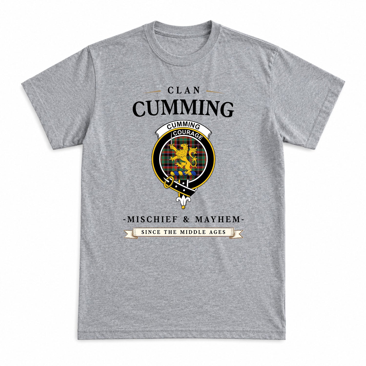 Cumming Hunting Ancient Tartan Crest Mischief and Mayhem T-shirt