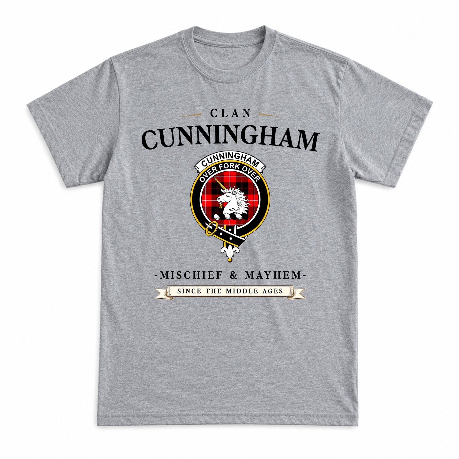 Cunningham Modern Tartan Crest Mischief and Mayhem T-shirt