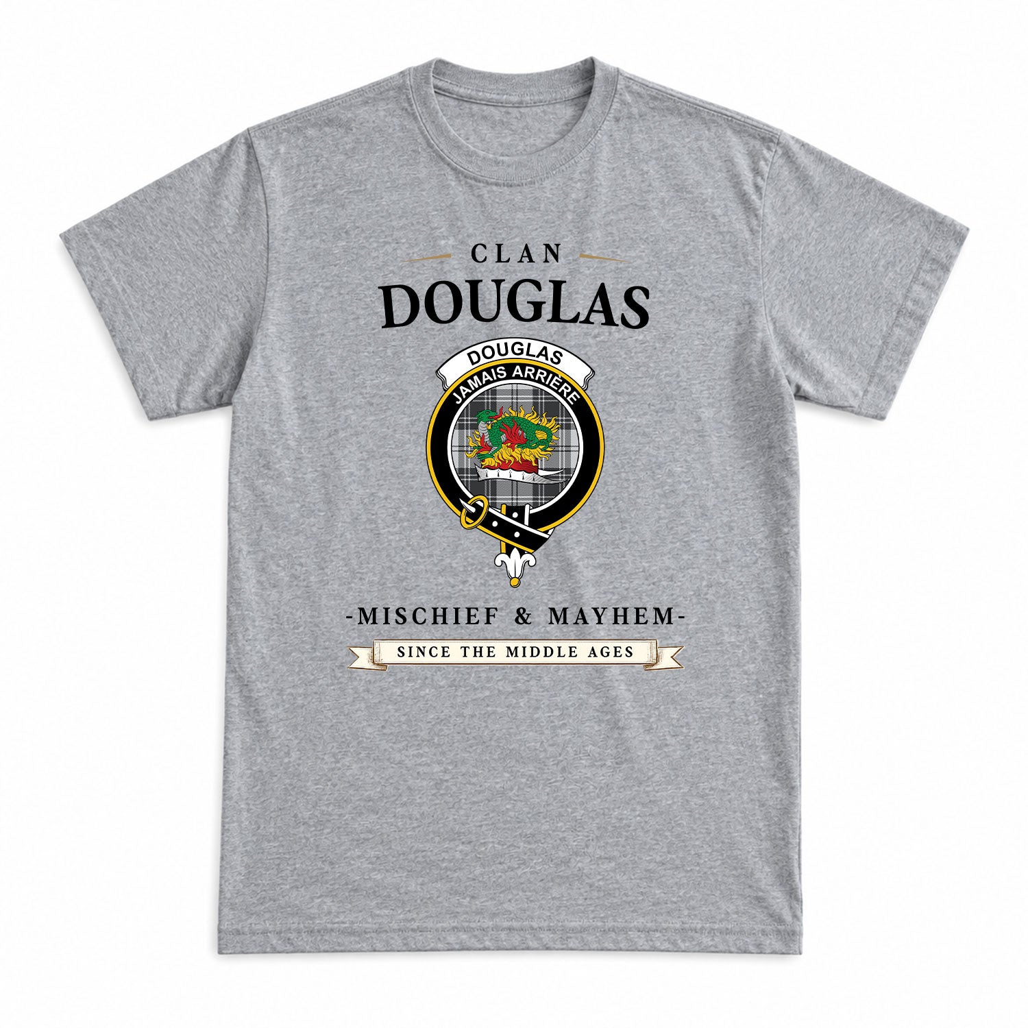 Douglas Grey Modern Tartan Crest Mischief and Mayhem T-shirt