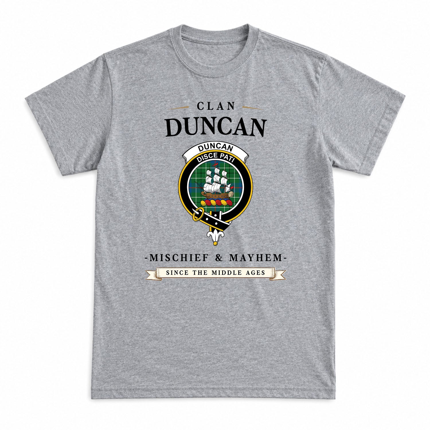 Duncan Ancient Tartan Crest Mischief and Mayhem T-shirt
