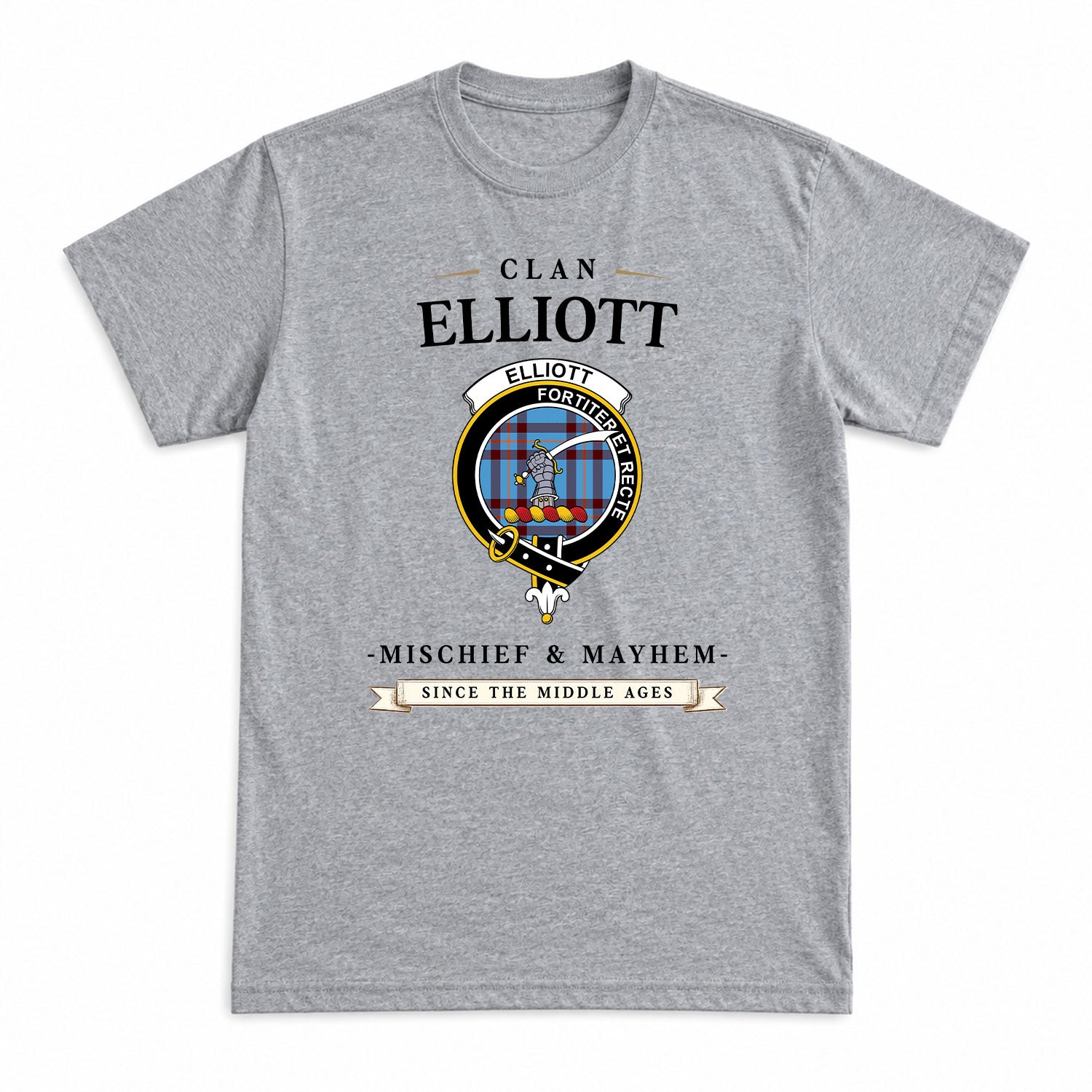 Elliott Ancient Tartan Crest Mischief and Mayhem T-shirt