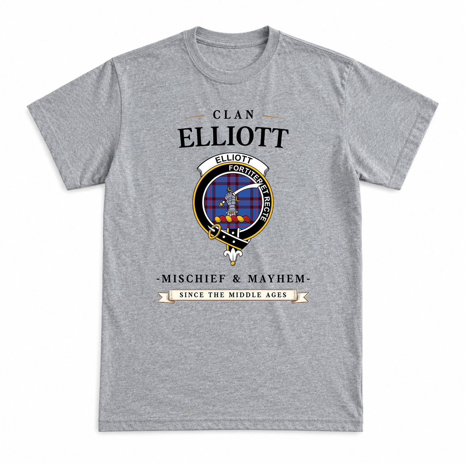 Elliott Modern Tartan Crest Mischief and Mayhem T-shirt