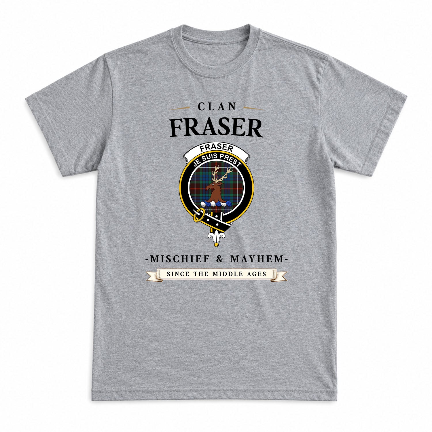 Fraser (of Lovat) Hunting Ancient Tartan Crest Mischief and Mayhem T-shirt