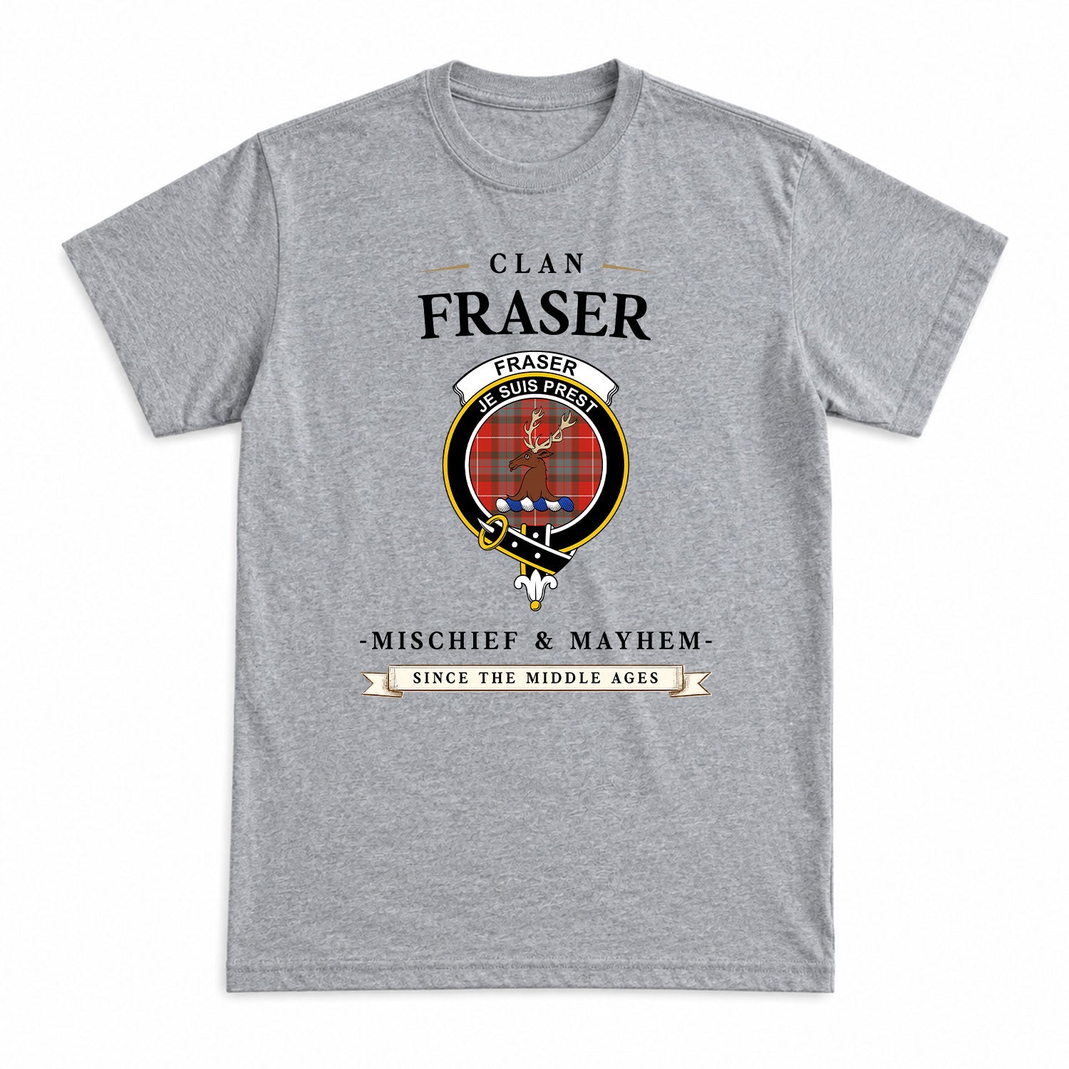 Fraser (of Lovat) Weathered Tartan Crest Mischief and Mayhem T-shirt