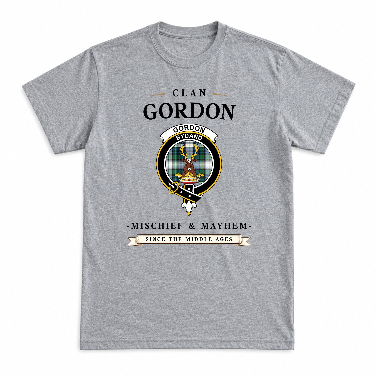 Gordon Dress Ancient Tartan Crest Mischief and Mayhem T-shirt