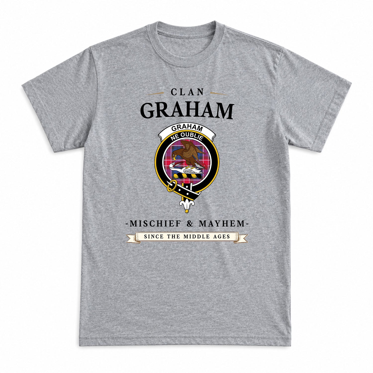 Graham of Menteith Red Tartan Crest Mischief and Mayhem T-shirt