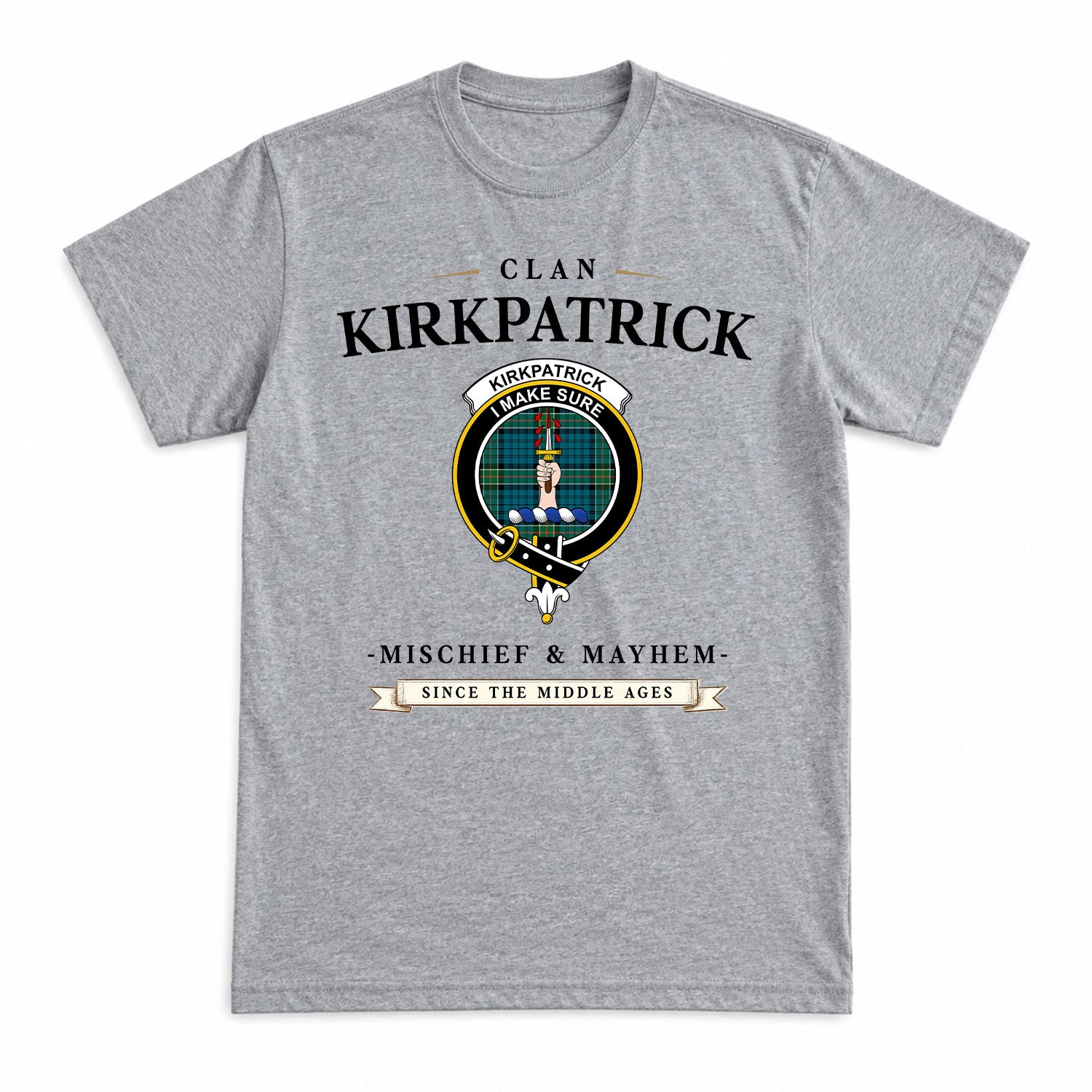 Kirkpatrick Ancient Tartan Crest Mischief and Mayhem T-shirt