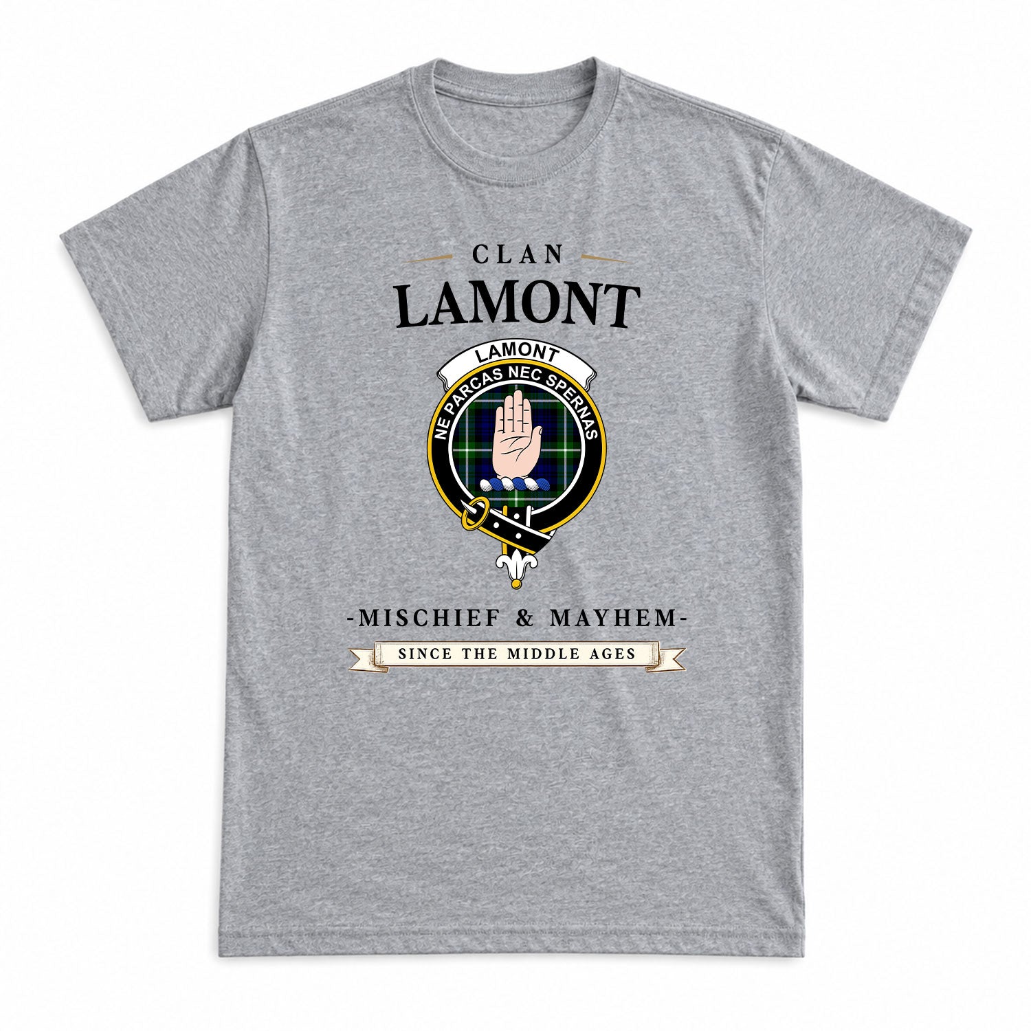 Lamont Modern Tartan Crest Mischief and Mayhem T-shirt