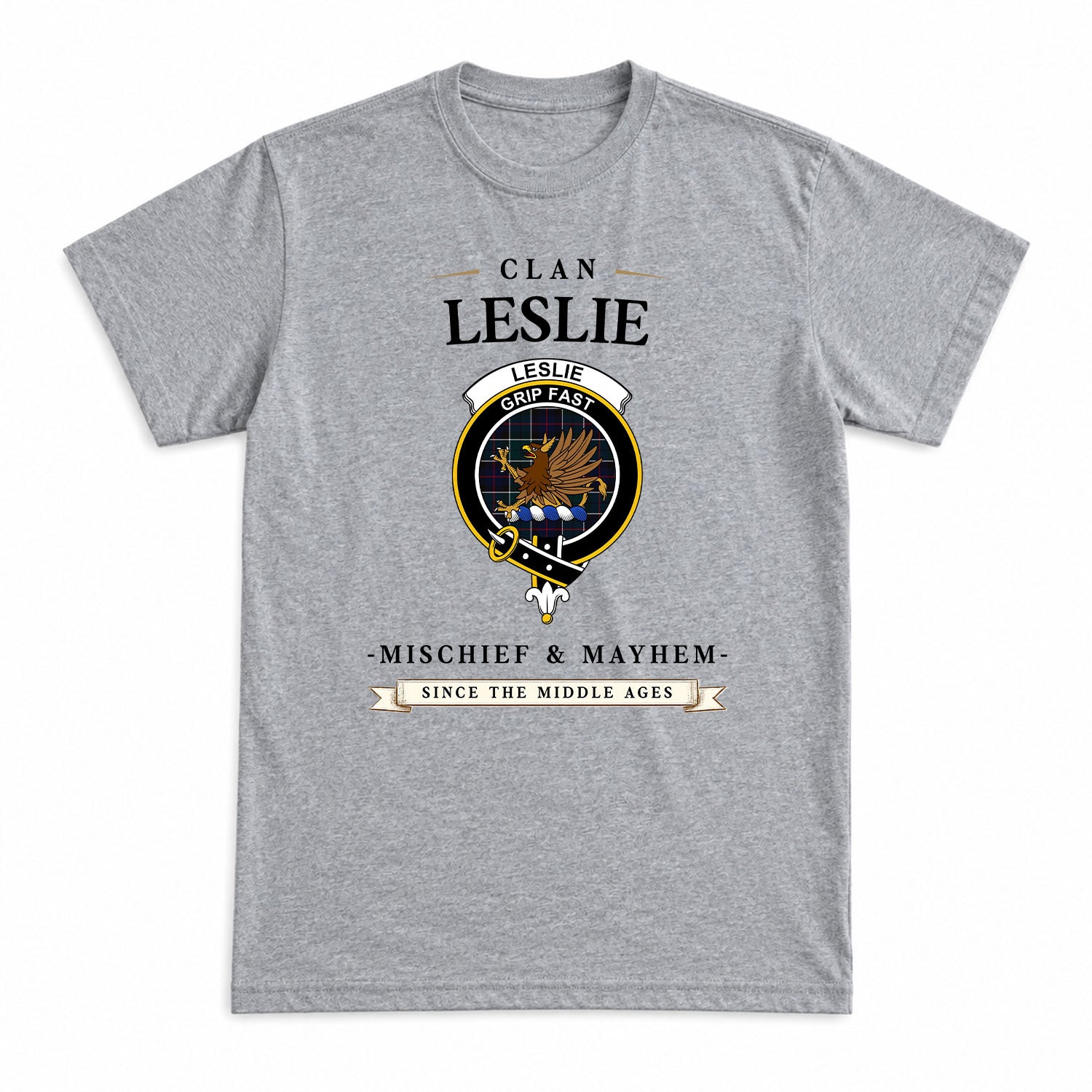 Leslie Hunting Modern Tartan Crest Mischief and Mayhem T-shirt