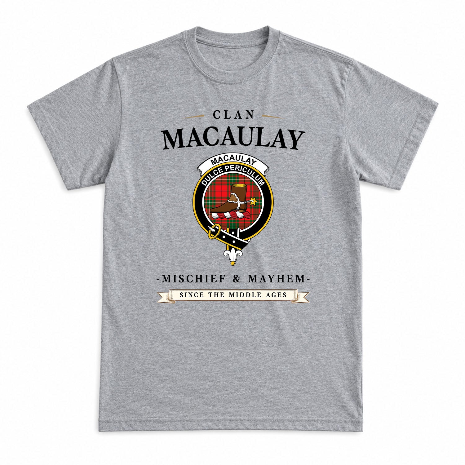 MacAulay Modern Tartan Crest Mischief and Mayhem T-shirt