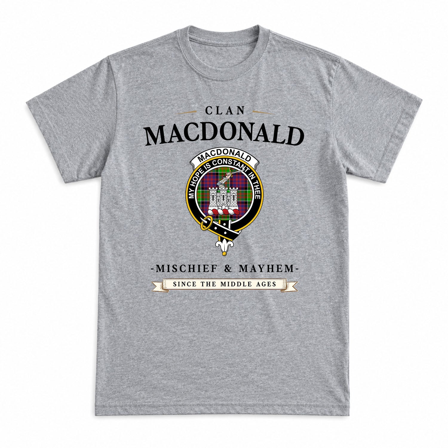 MacDonald (Clan Ranald) Tartan Crest Mischief and Mayhem T-shirt