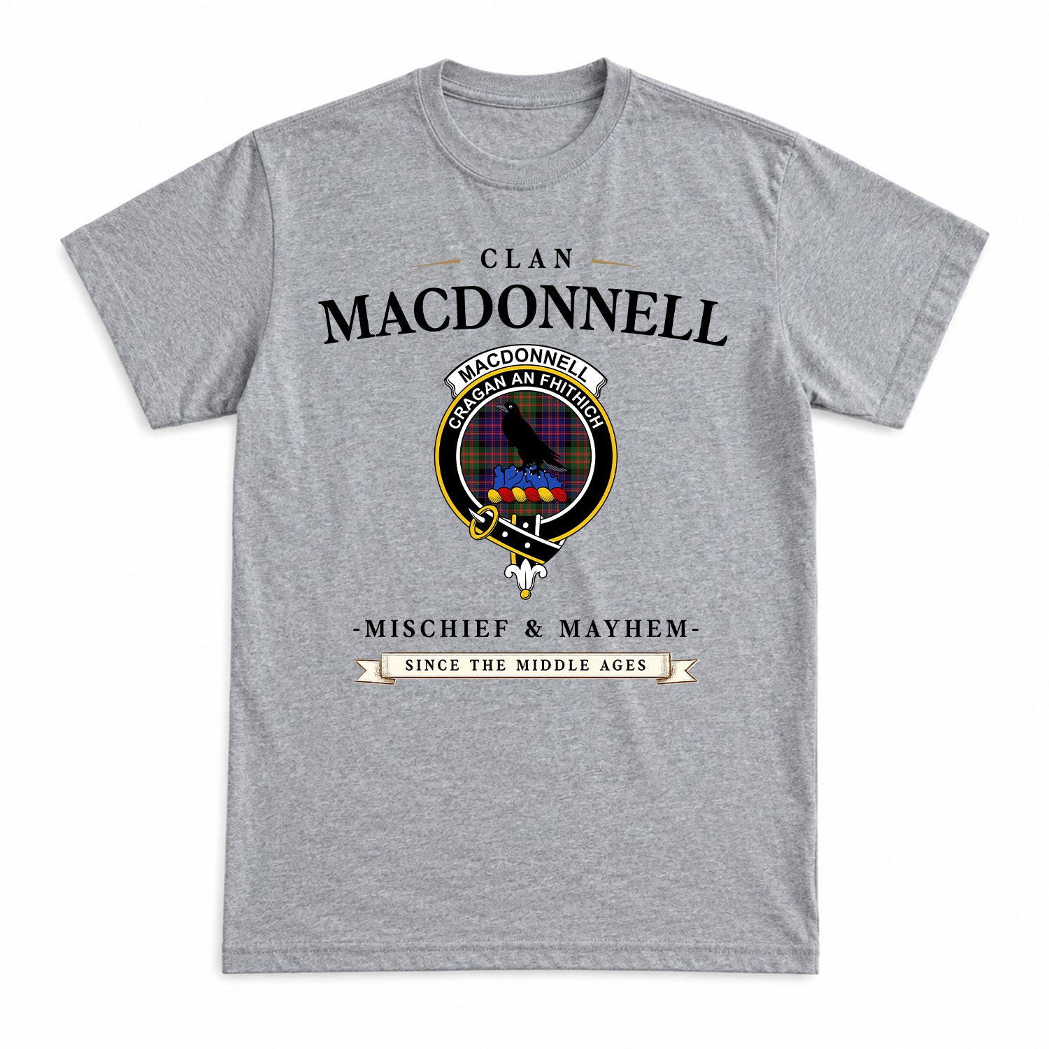 MacDonnell of Glengarry Modern Tartan Crest Mischief and Mayhem T-shirt