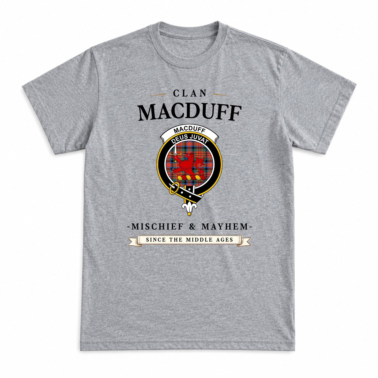 MacDuff Ancient Tartan Crest Mischief and Mayhem T-shirt