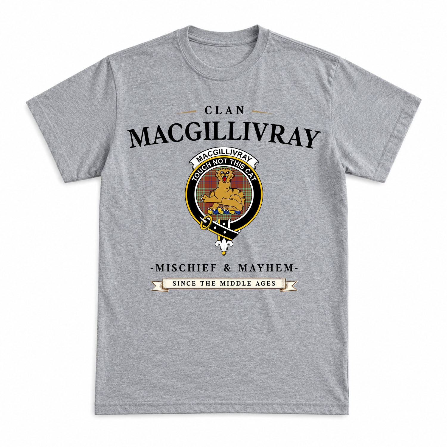MacGillivray Hunting Ancient Tartan Crest Mischief and Mayhem T-shirt