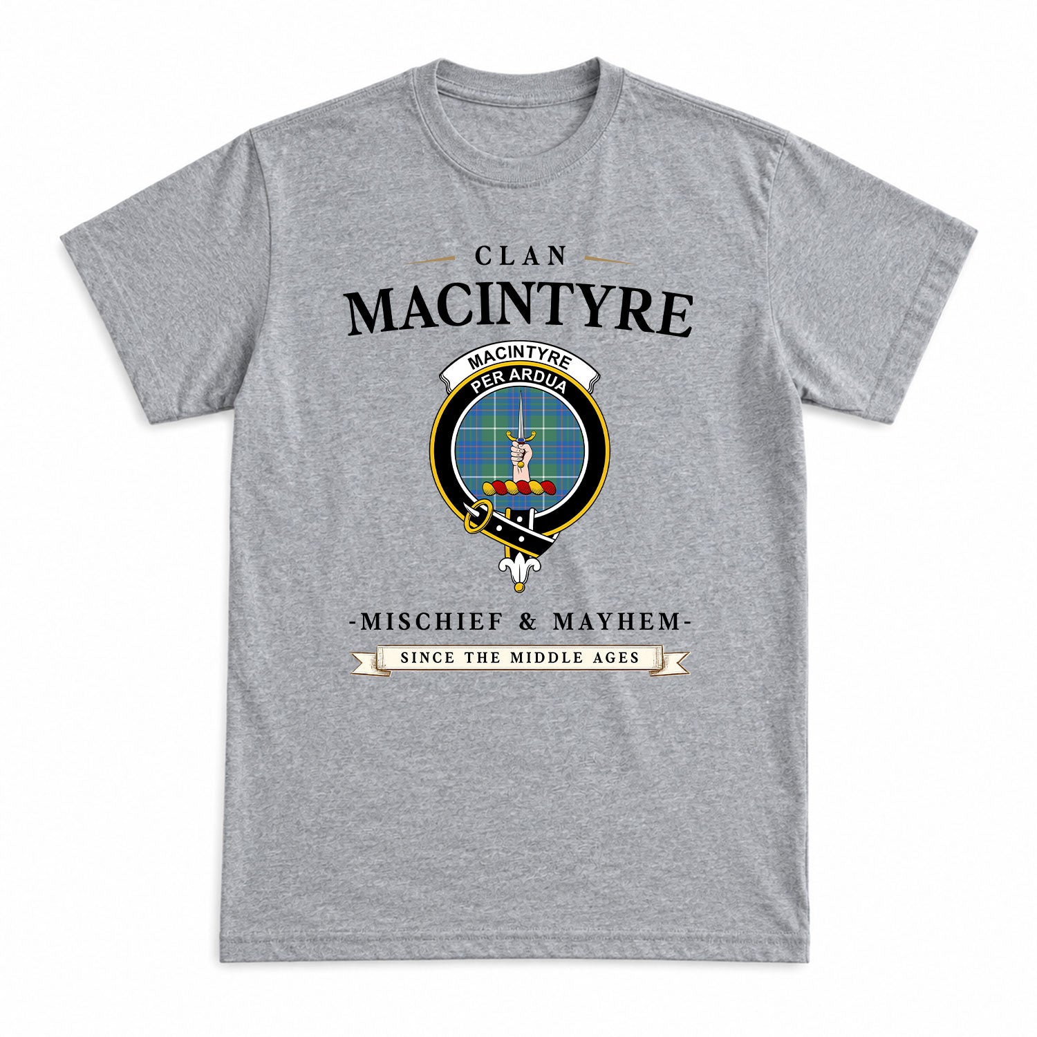 MacIntyre Hunting Ancient Tartan Crest Mischief and Mayhem T-shirt