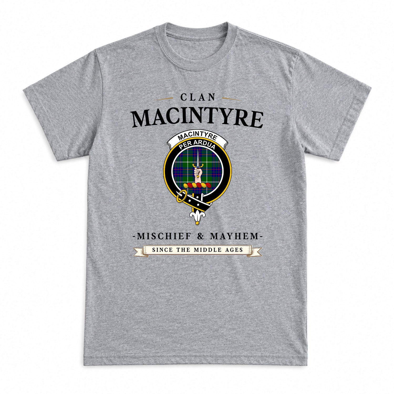 MacIntyre Hunting Modern Tartan Crest Mischief and Mayhem T-shirt