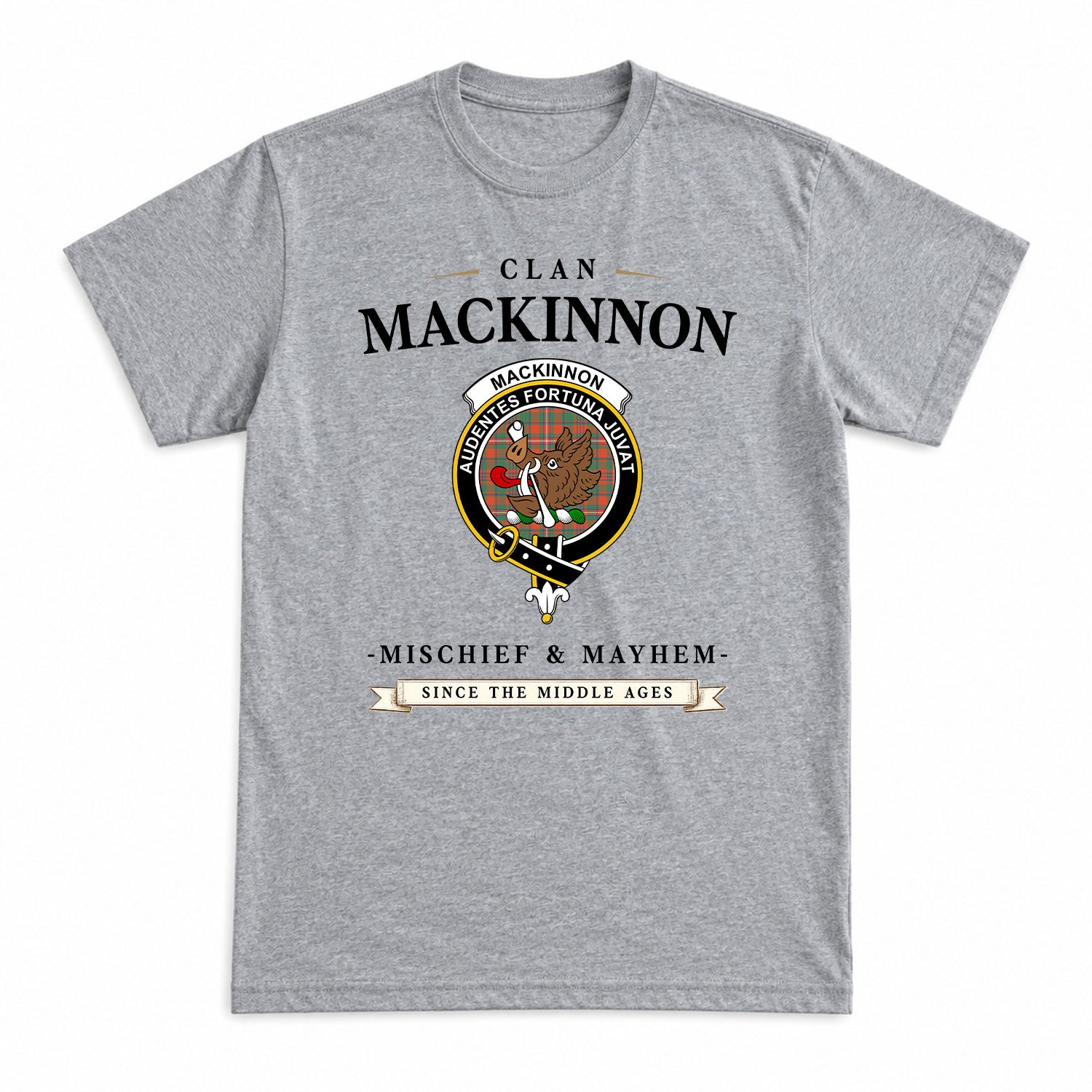 MacKinnon Ancient Tartan Crest Mischief and Mayhem T-shirt