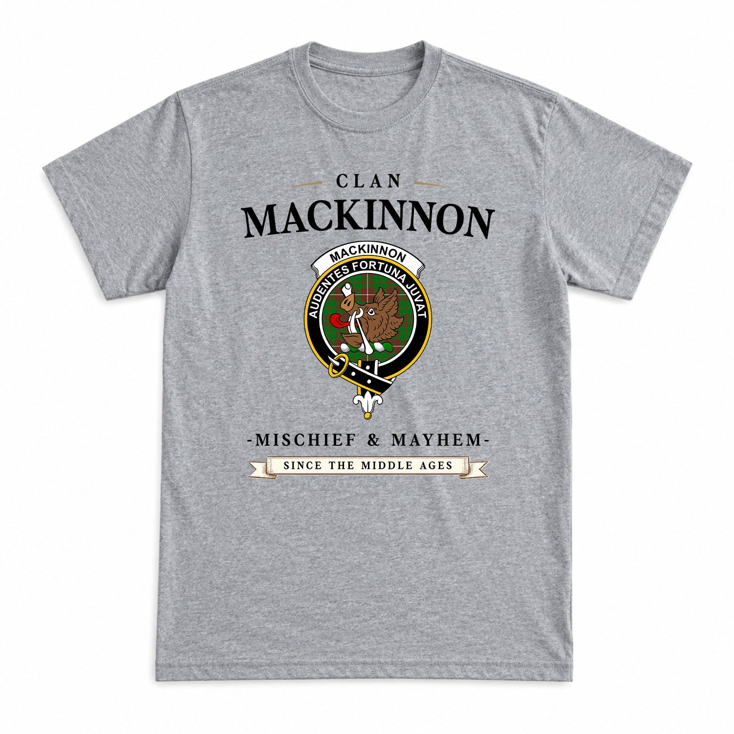 MacKinnon Hunting Modern Tartan Crest Mischief and Mayhem T-shirt