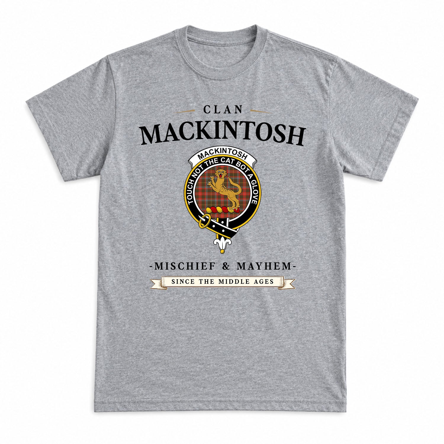 MacKintosh Hunting Weathered Tartan Crest Mischief and Mayhem T-shirt