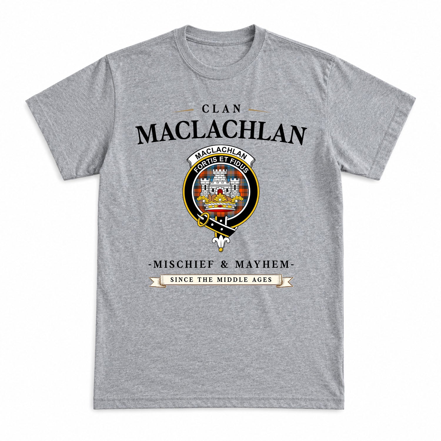 MacLachlan Ancient Tartan Crest Mischief and Mayhem T-shirt