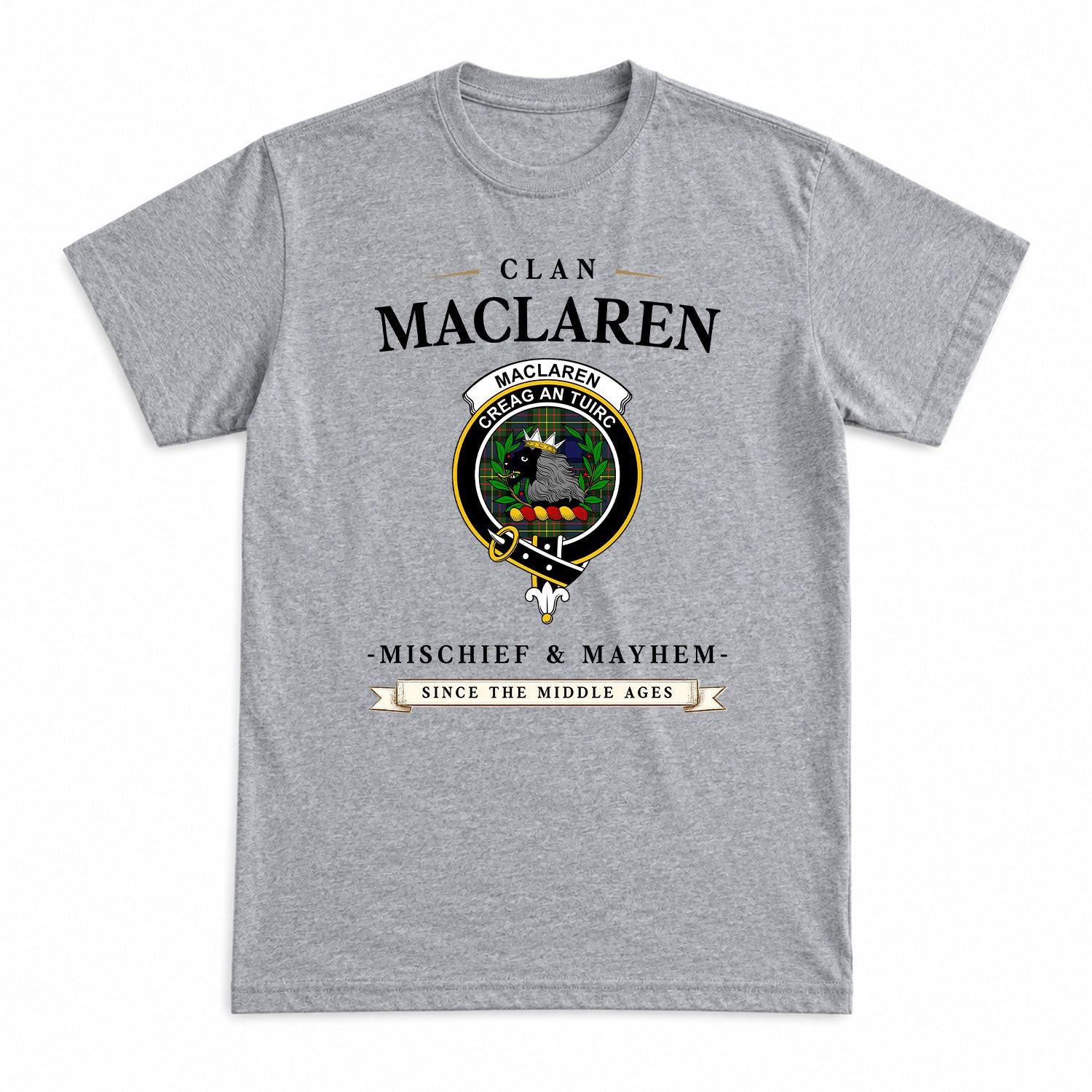 MacLaren Modern Tartan Crest Mischief and Mayhem T-shirt