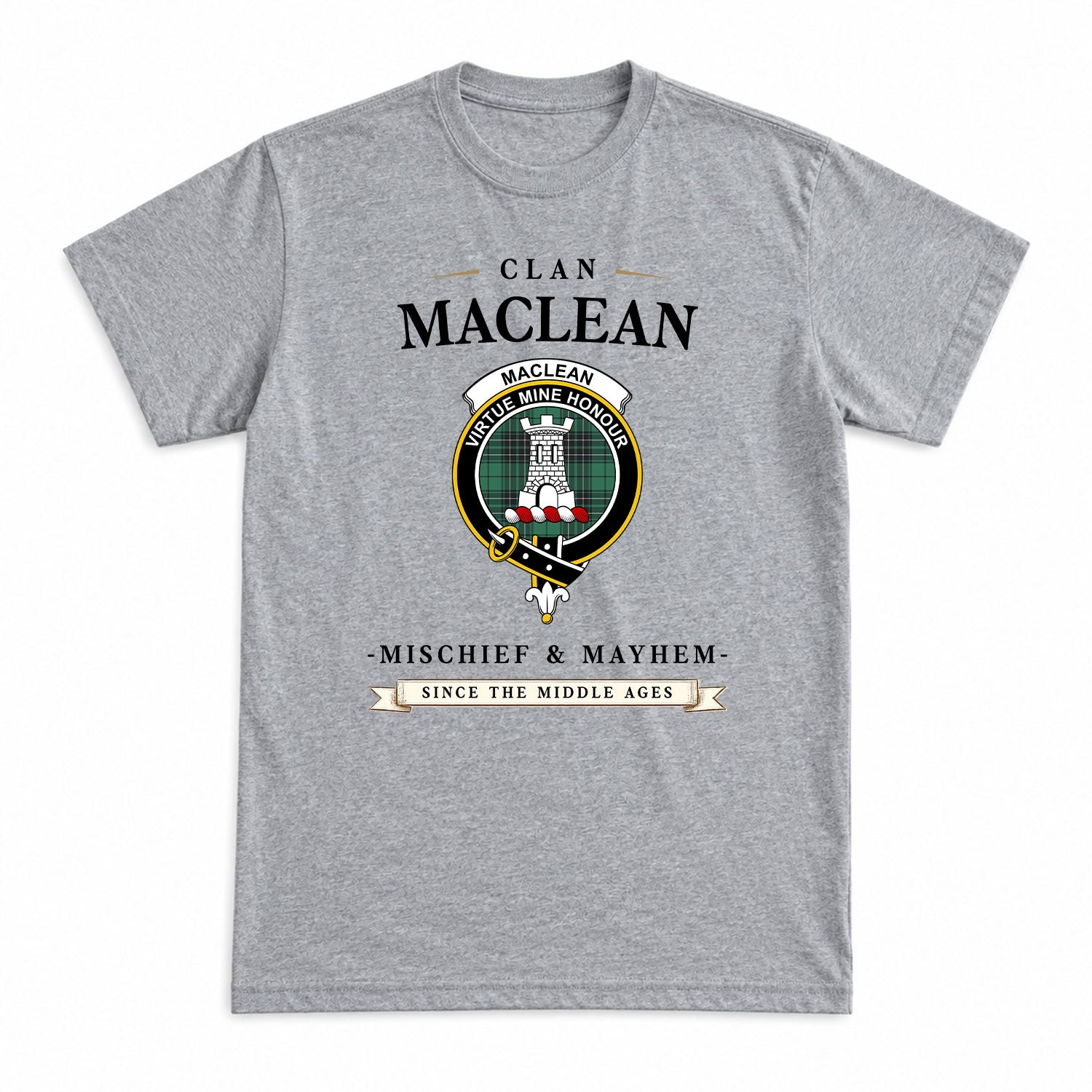 MacLean Hunting Ancient Tartan Crest Mischief and Mayhem T-shirt