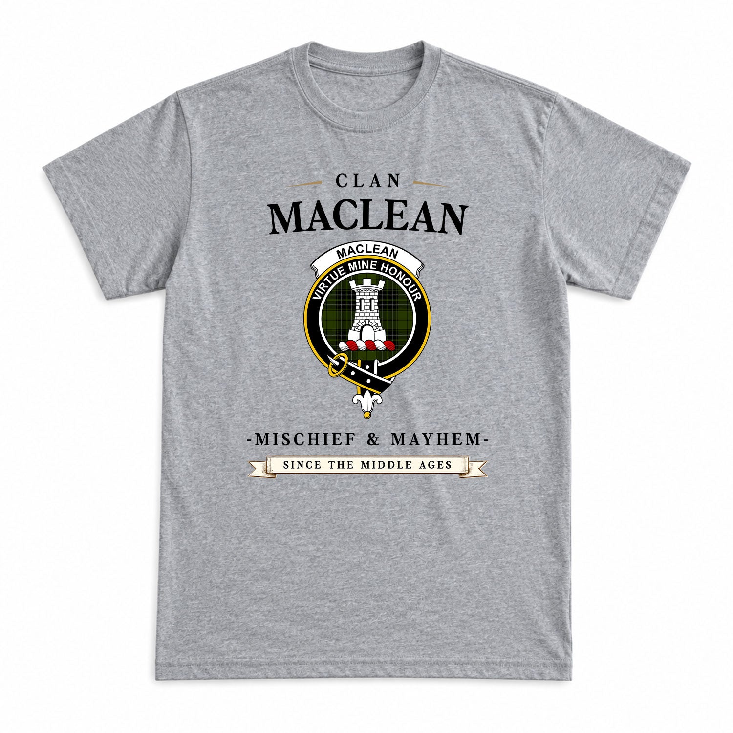 MacLean Hunting Tartan Crest Mischief and Mayhem T-shirt