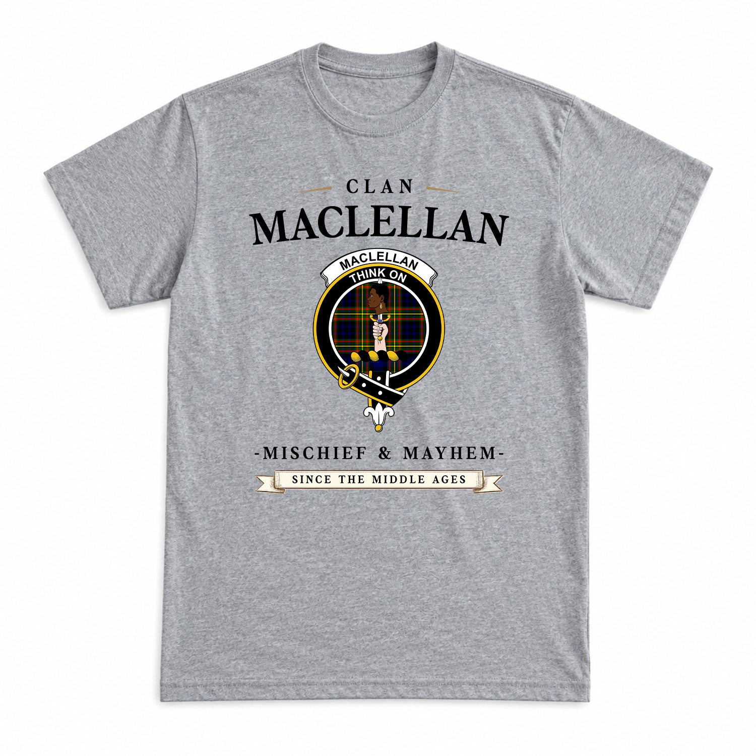 MacLellan Modern Tartan Crest Mischief and Mayhem T-shirt