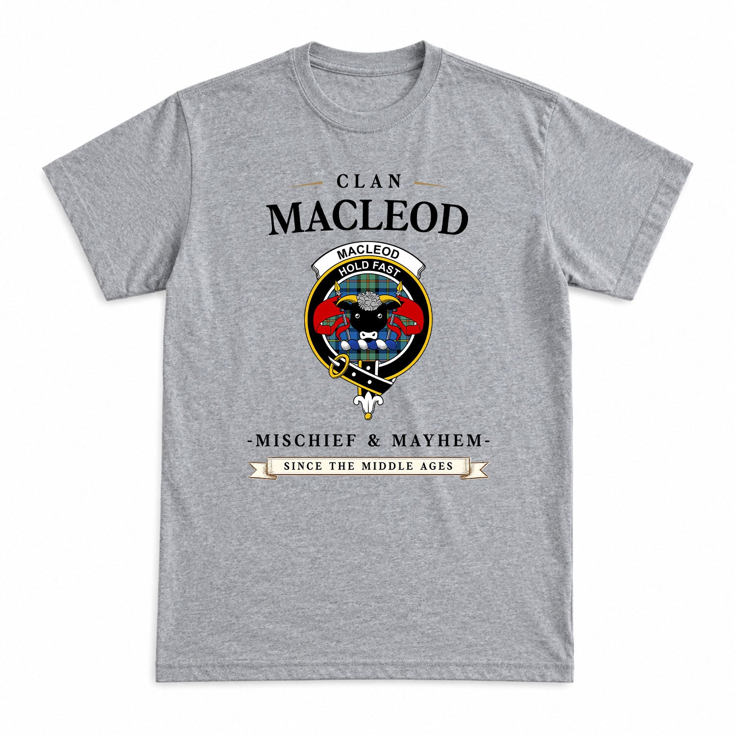 MacLeod of Harris Ancient Tartan Crest Mischief and Mayhem T-shirt