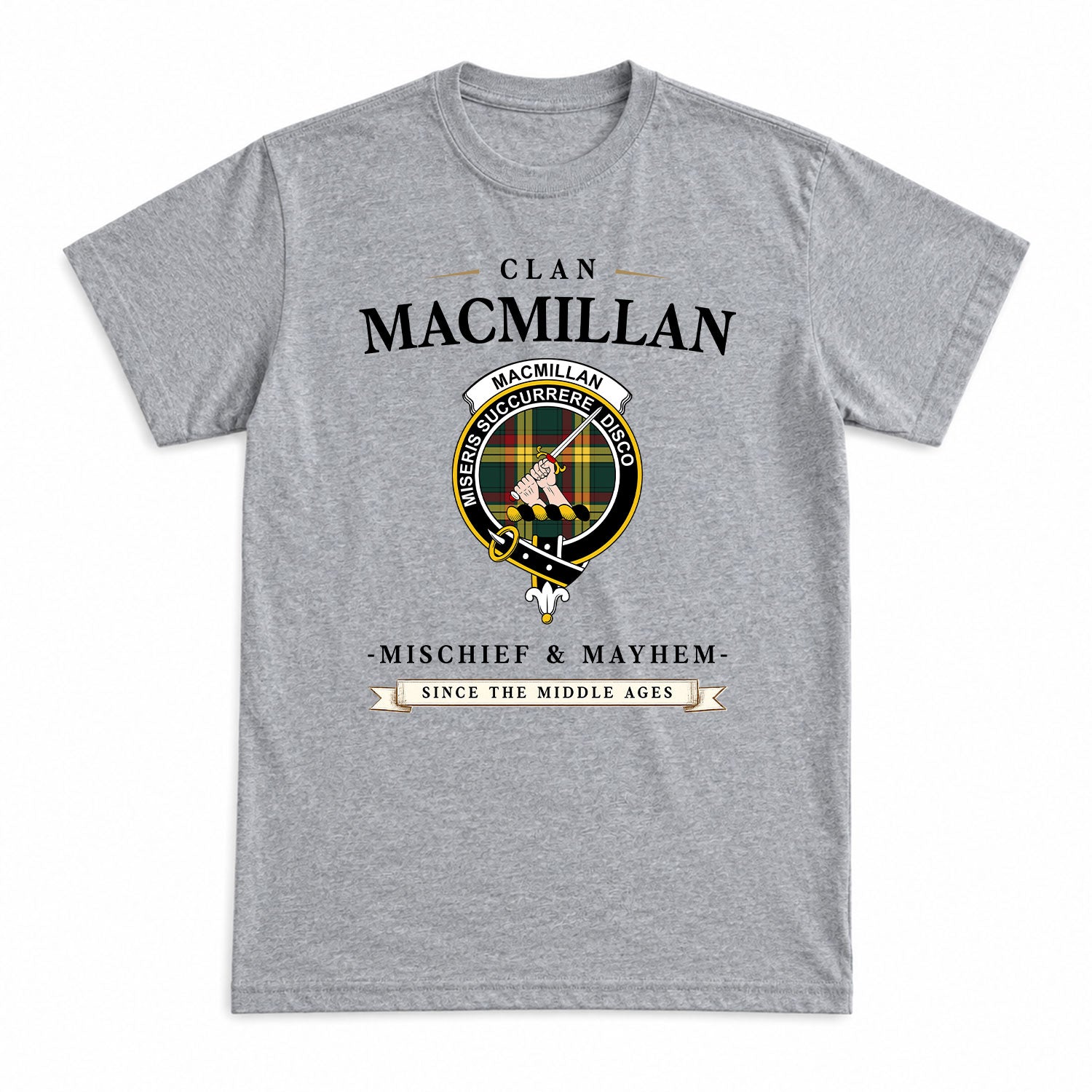 MacMillan Old Modern Tartan Crest Mischief and Mayhem T-shirt