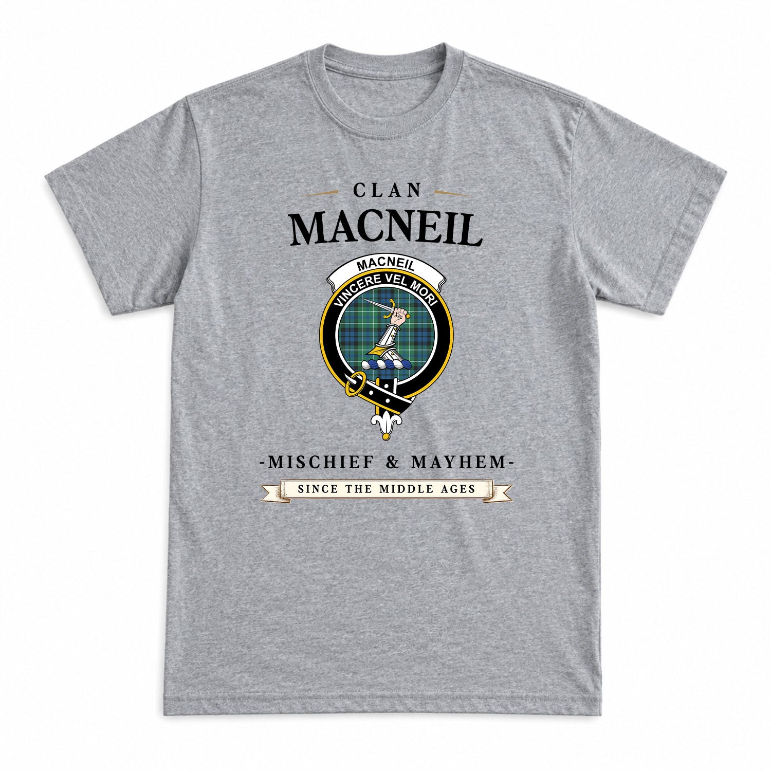 MacNeil of Colonsay Ancient Tartan Crest Mischief and Mayhem T-shirt