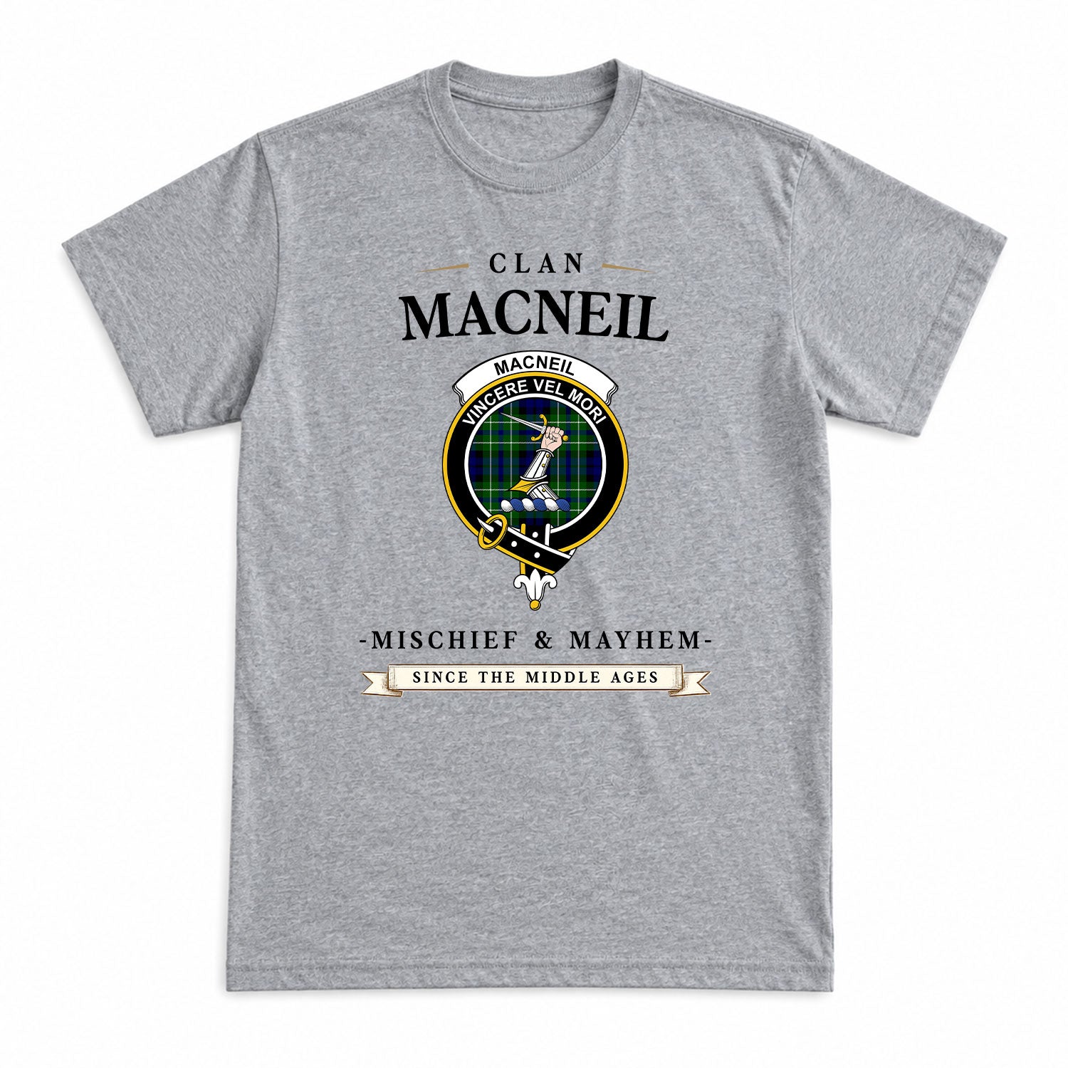 MacNeil of Colonsay Modern Tartan Crest Mischief and Mayhem T-shirt