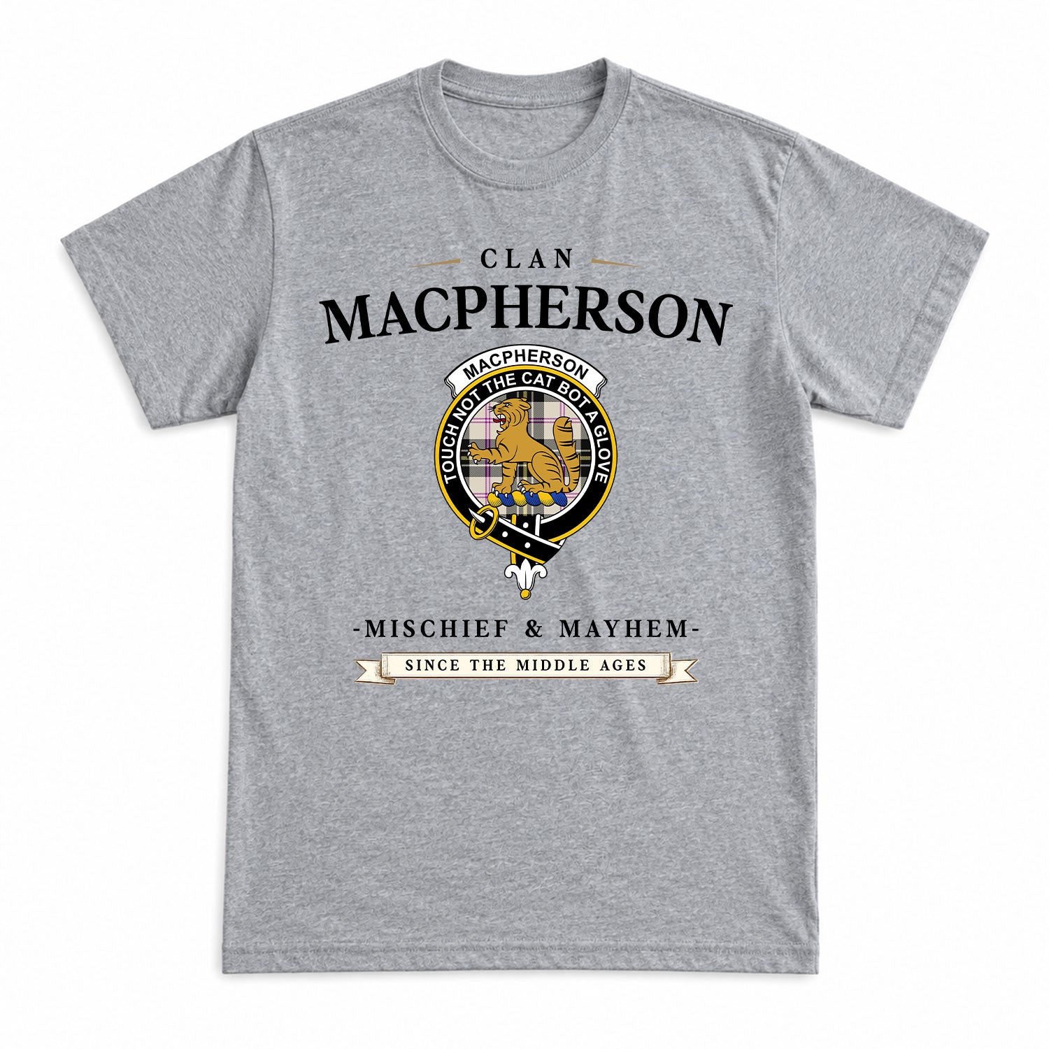 MacPherson Dress Ancient Tartan Crest Mischief and Mayhem T-shirt