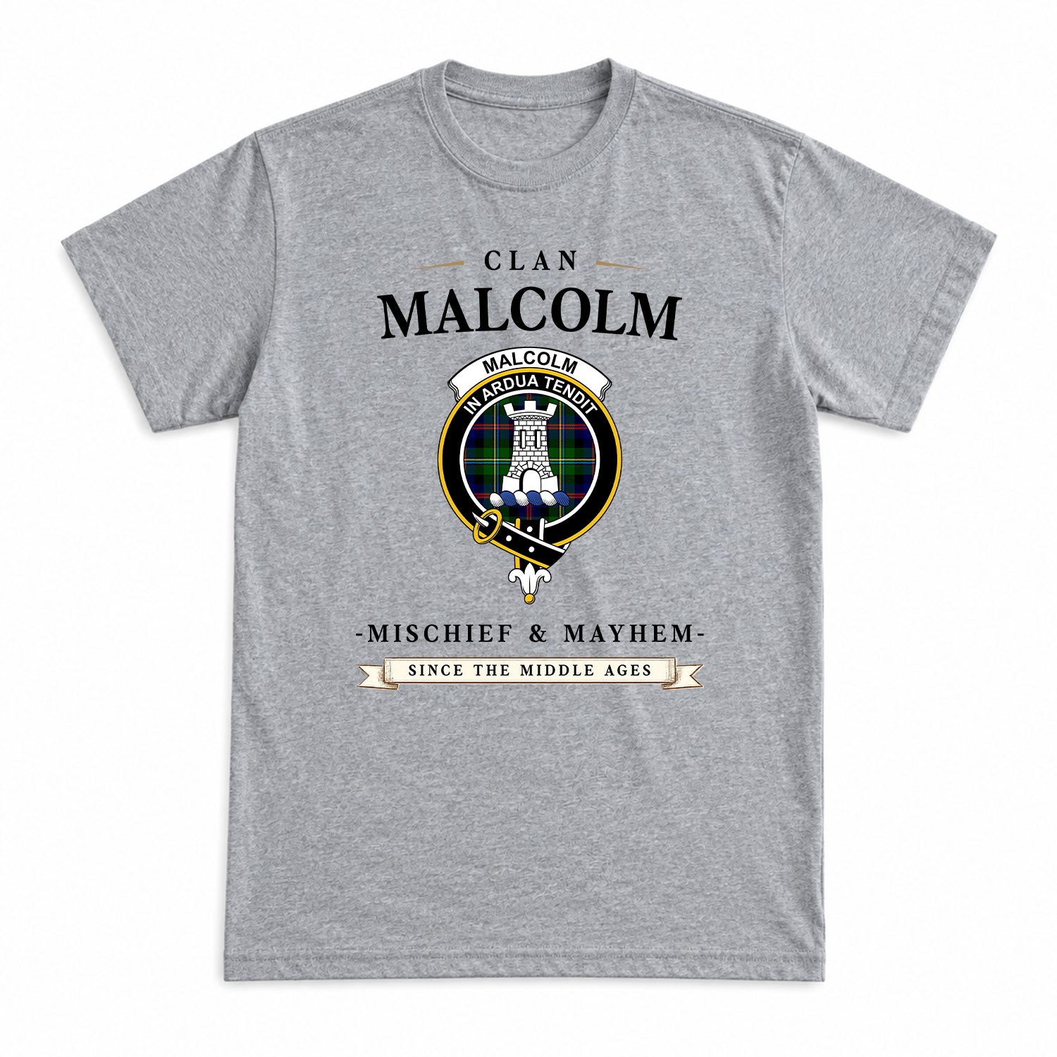 Malcolm (or MacCallum) Tartan Crest Mischief and Mayhem T-shirt