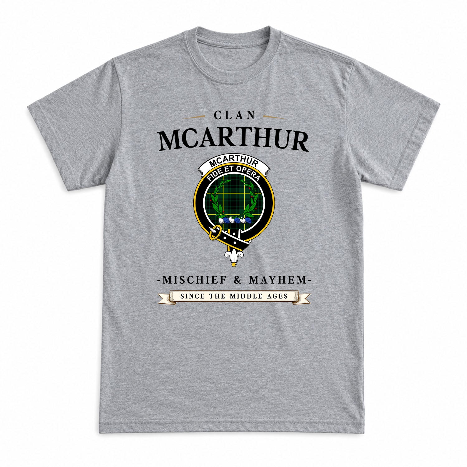 McArthur Modern Tartan Crest Mischief and Mayhem T-shirt