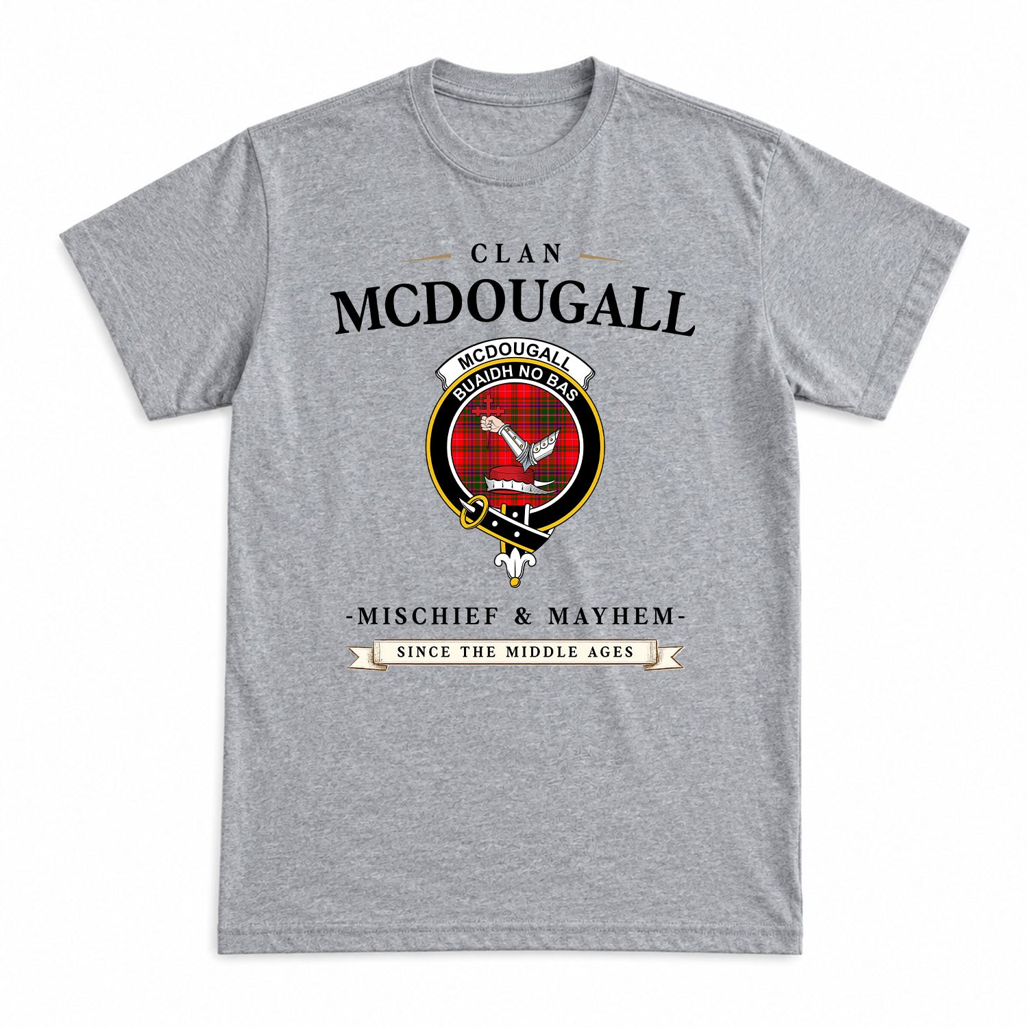 McDougall Modern Tartan Crest Mischief and Mayhem T-shirt