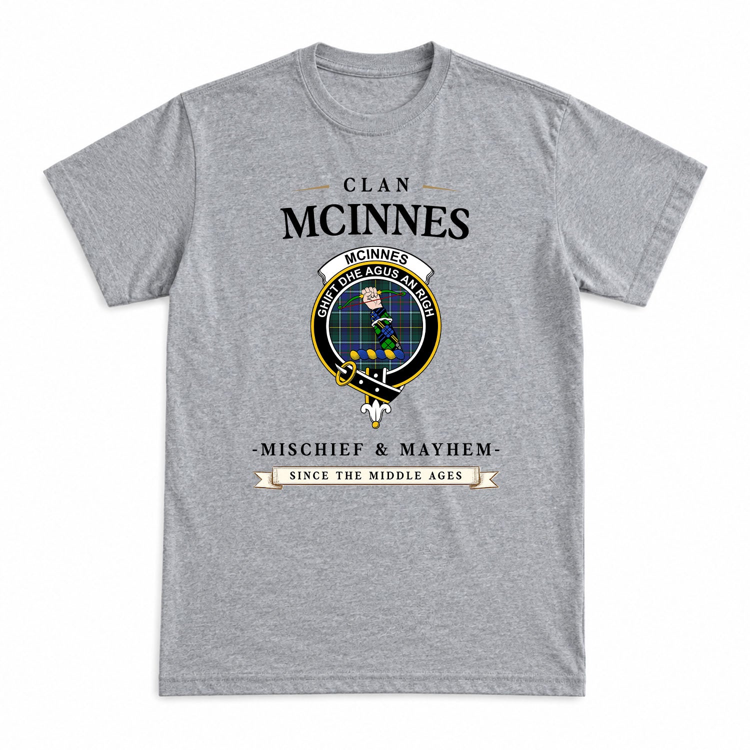 McInnes Modern Tartan Crest Mischief and Mayhem T-shirt
