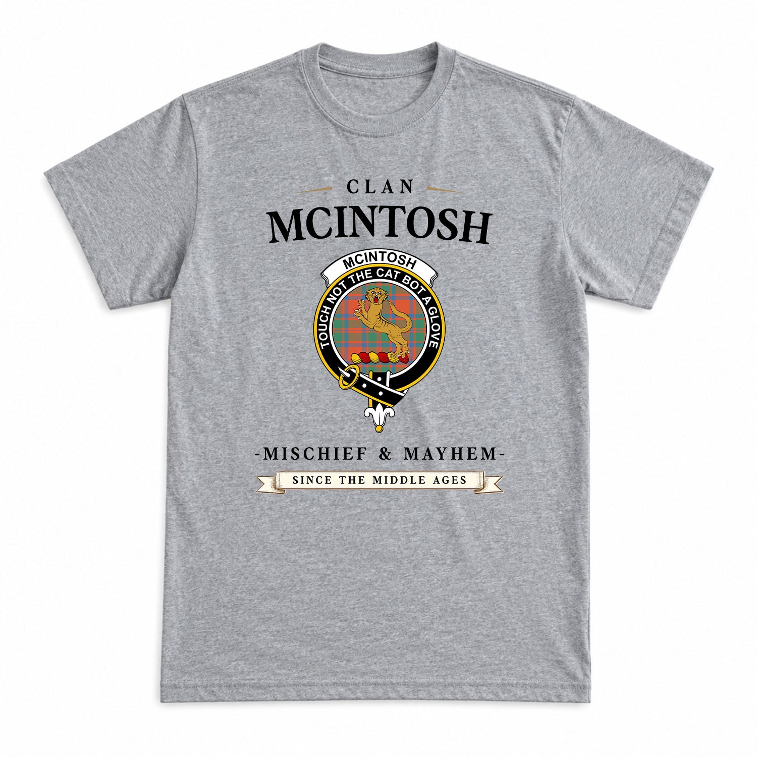 McIntosh Ancient Tartan Crest Mischief and Mayhem T-shirt