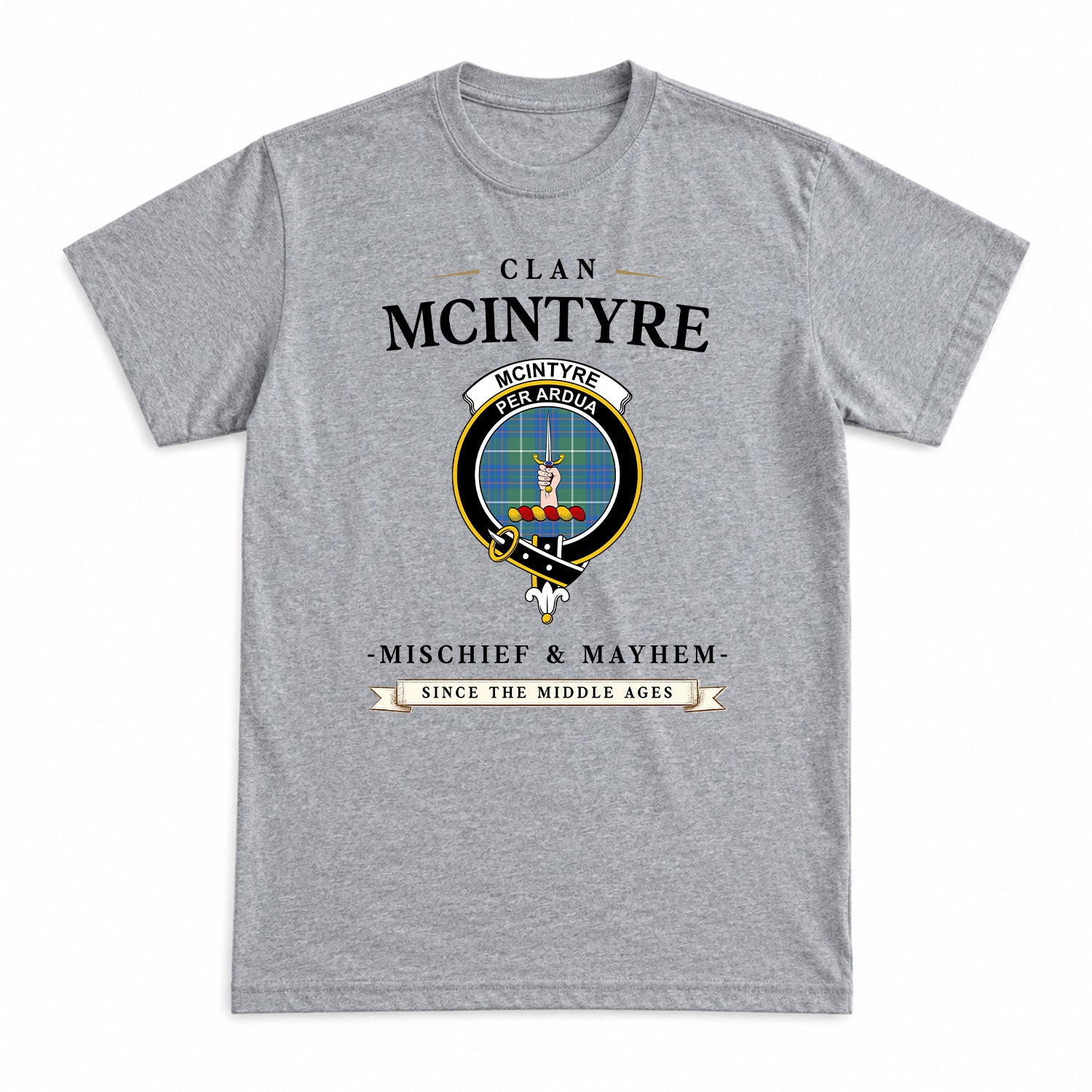 McIntyre Hunting Ancient Tartan Crest Mischief and Mayhem T-shirt