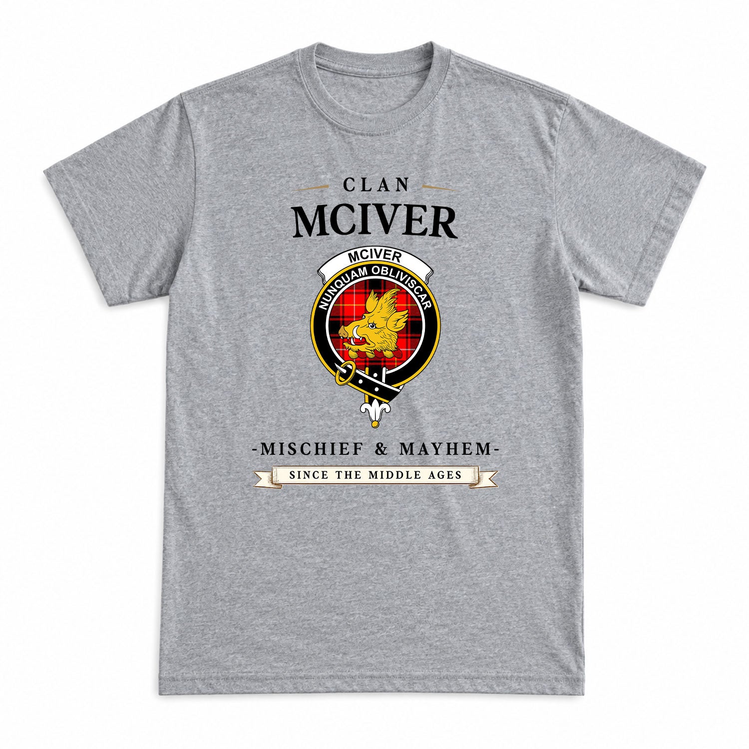 McIver Modern Tartan Crest Mischief and Mayhem T-shirt