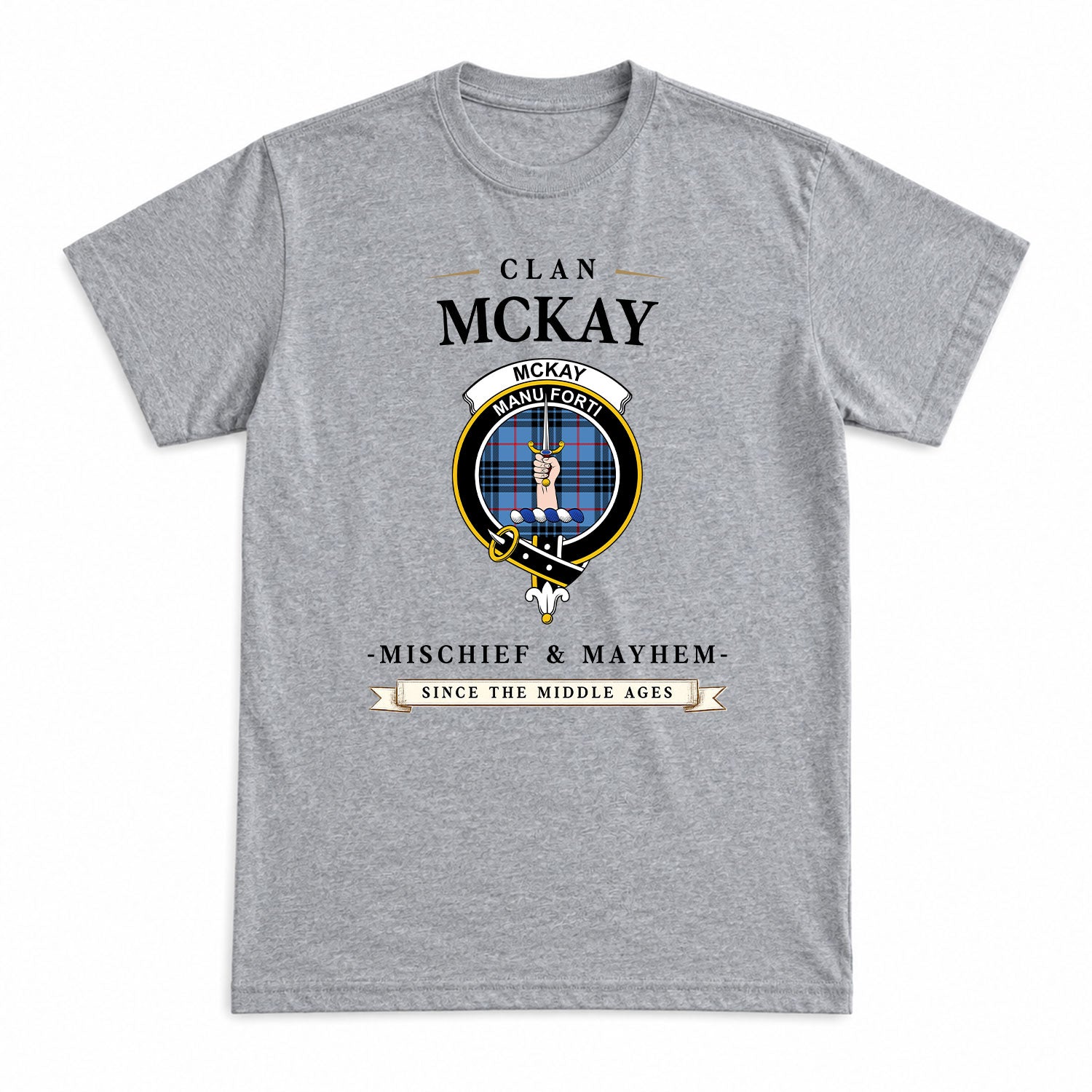 McKay Blue Tartan Crest Mischief and Mayhem T-shirt