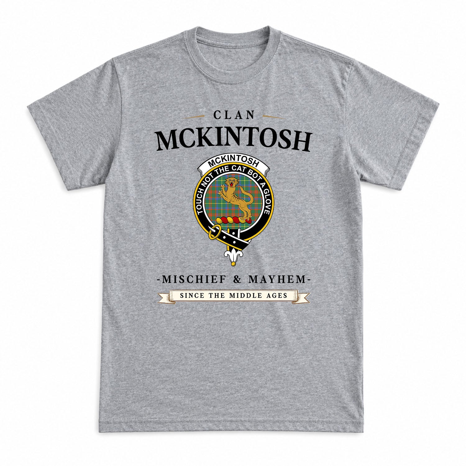 McKintosh Hunting Ancient Tartan Crest Mischief and Mayhem T-shirt