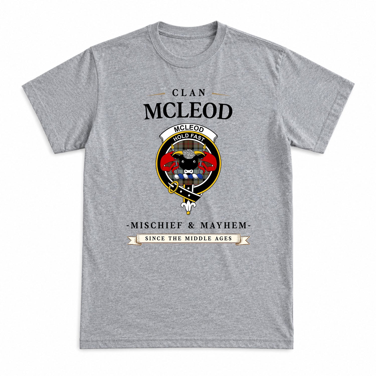 McLeod of Harris Weathered Tartan Crest Mischief and Mayhem T-shirt