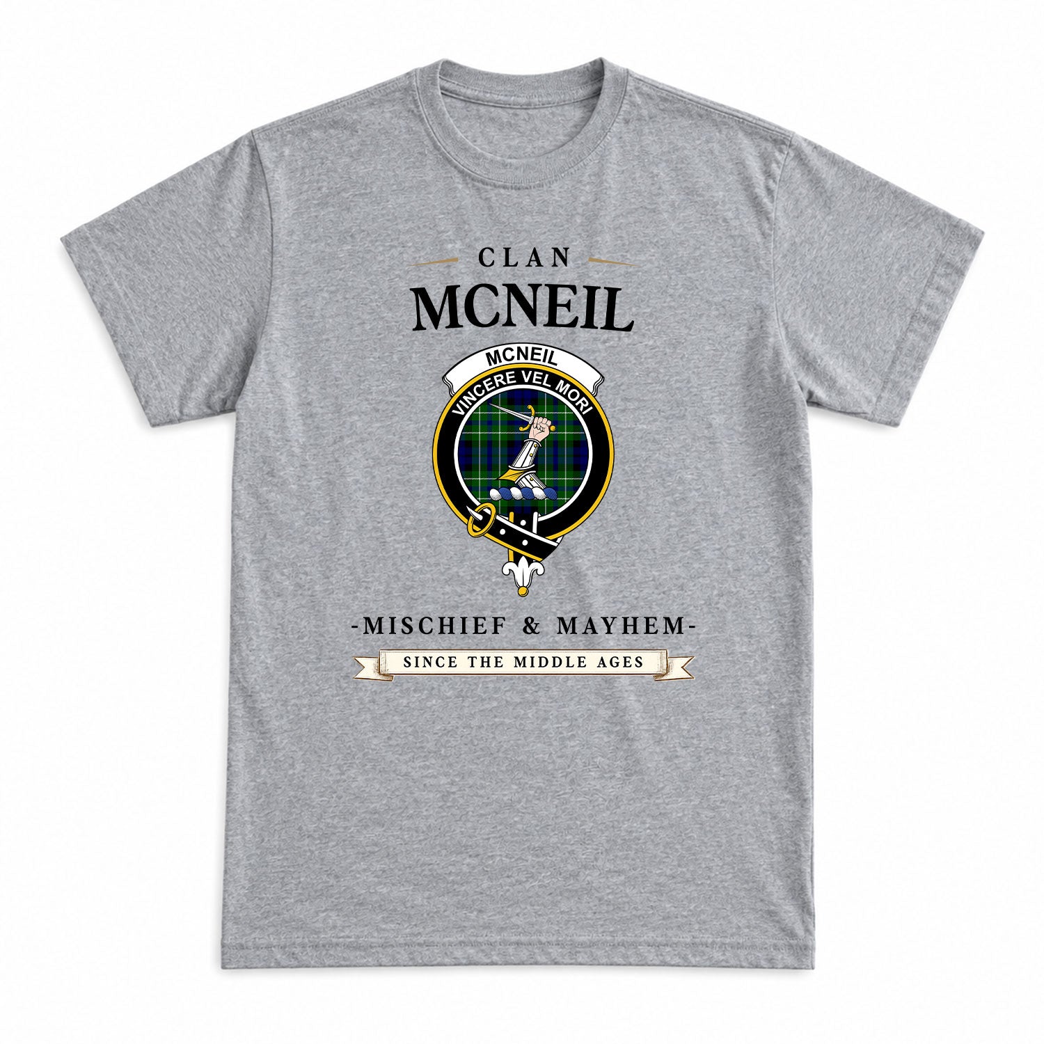 McNeil of Colonsay Modern Tartan Crest Mischief and Mayhem T-shirt