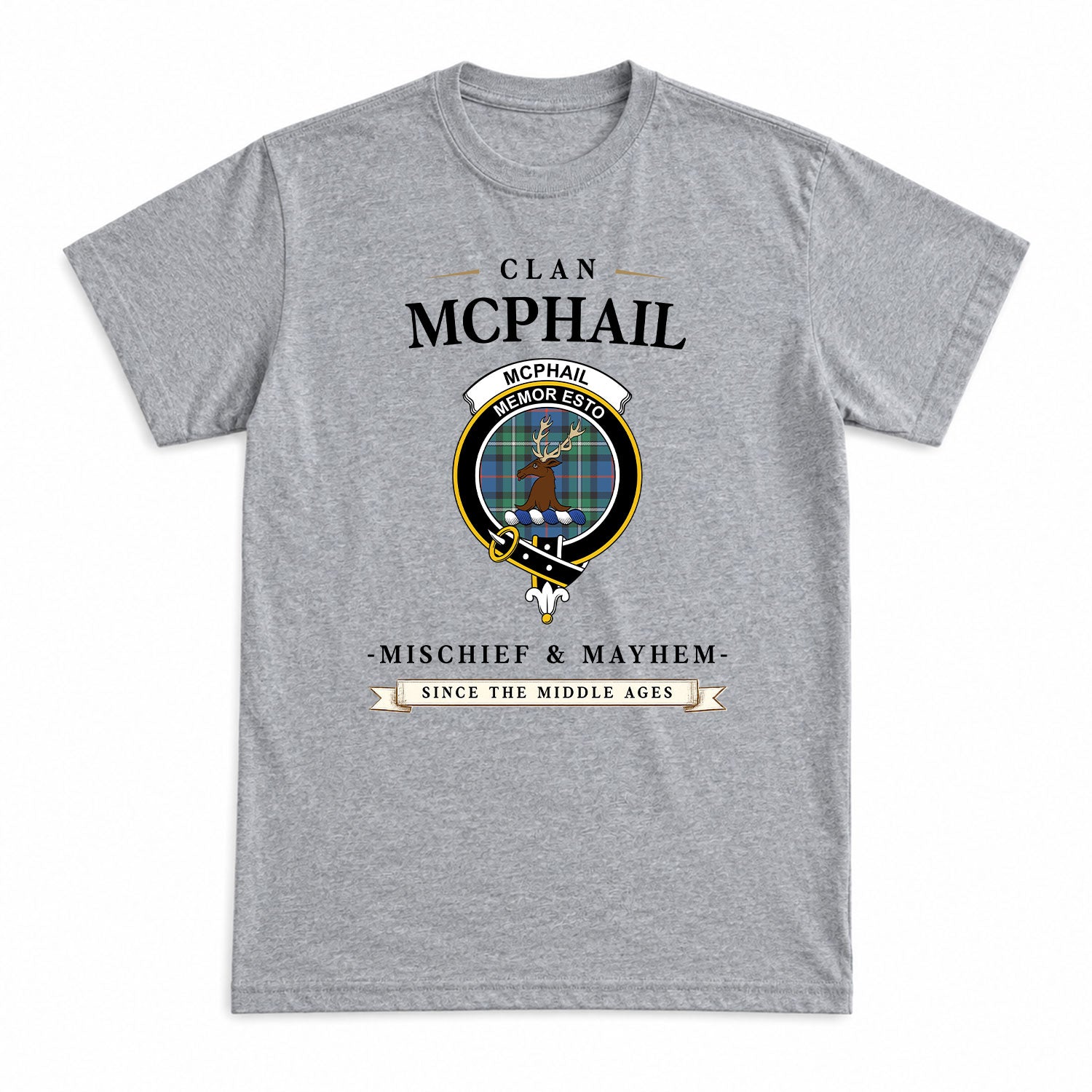 McPhail Hunting Ancient Tartan Crest Mischief and Mayhem T-shirt