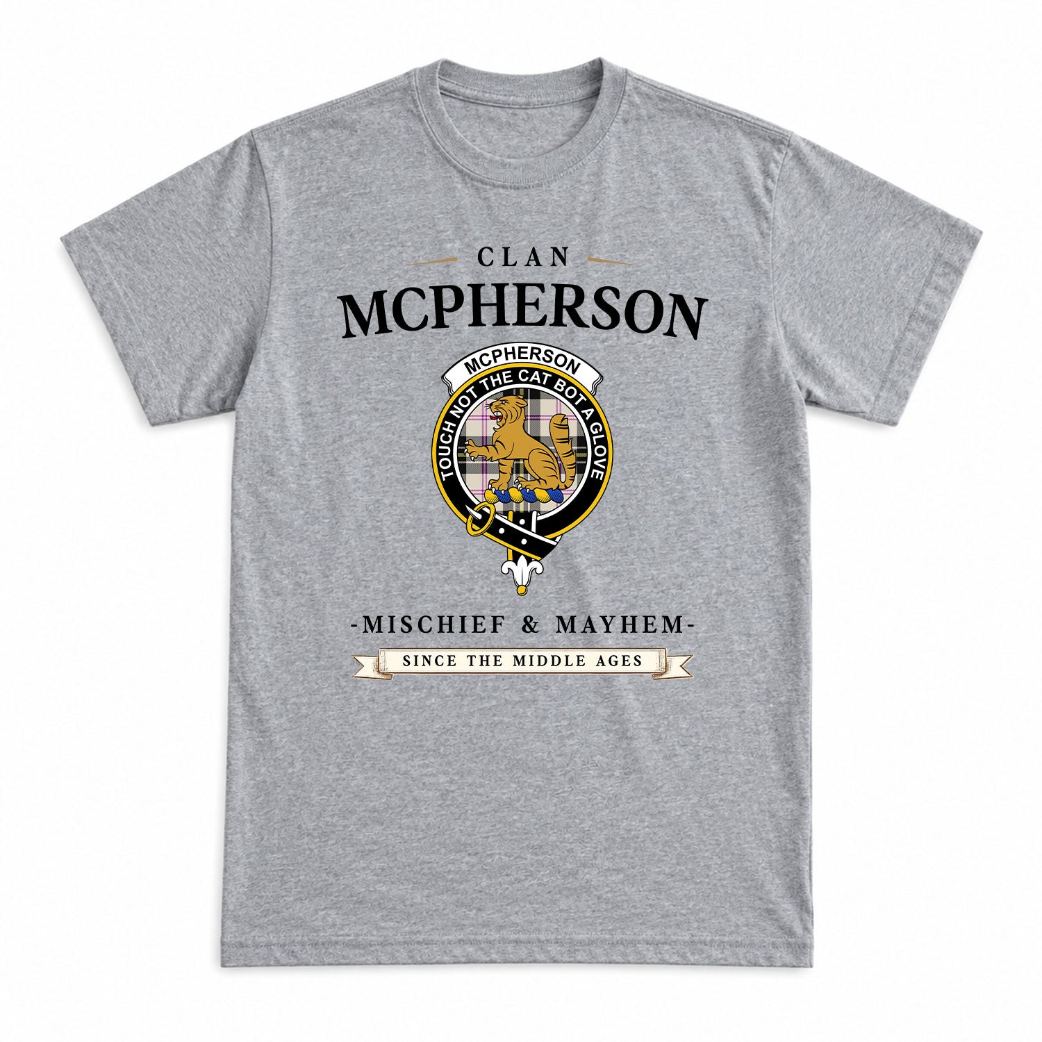 McPherson Dress Ancient Tartan Crest Mischief and Mayhem T-shirt