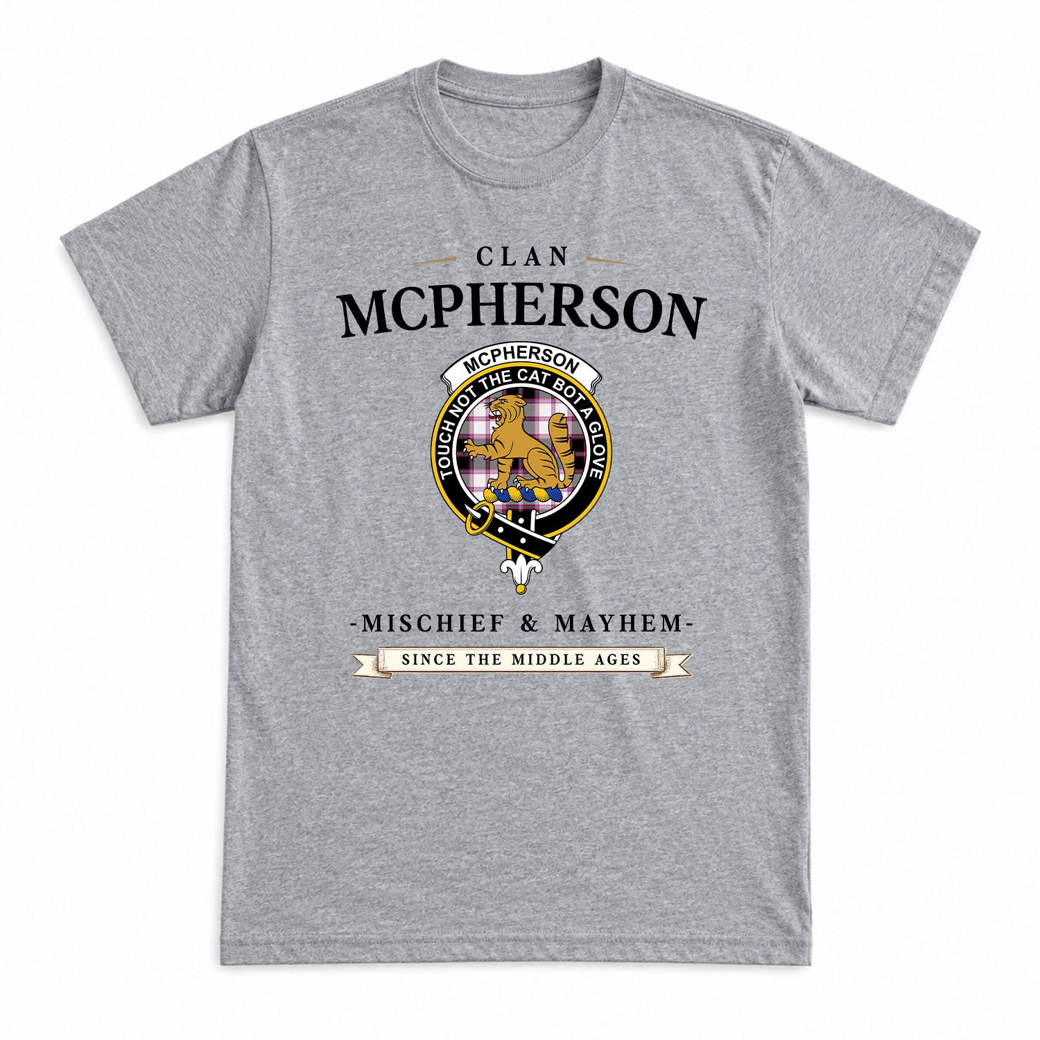 McPherson Hunting Modern Tartan Crest Mischief and Mayhem T-shirt